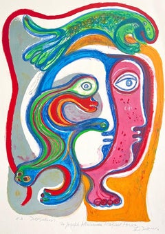 Lithographie signée, portrait abstrait, artiste latino-américaine représentant une femme