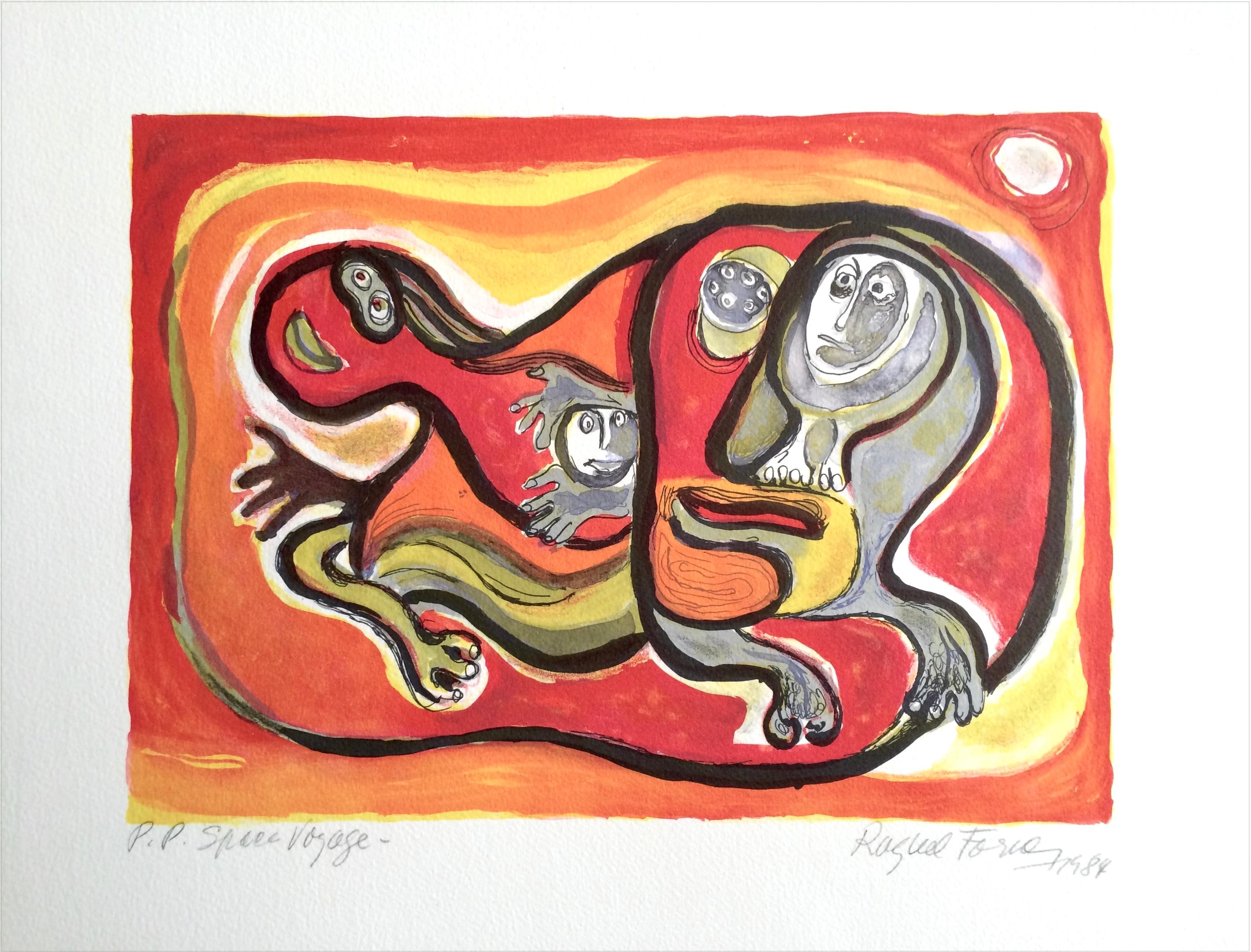 Raquel Forner Abstract Print - SPACE VOYAGE Signed Lithograph, Abstract Cosmic Creatures, Latin American Artist
