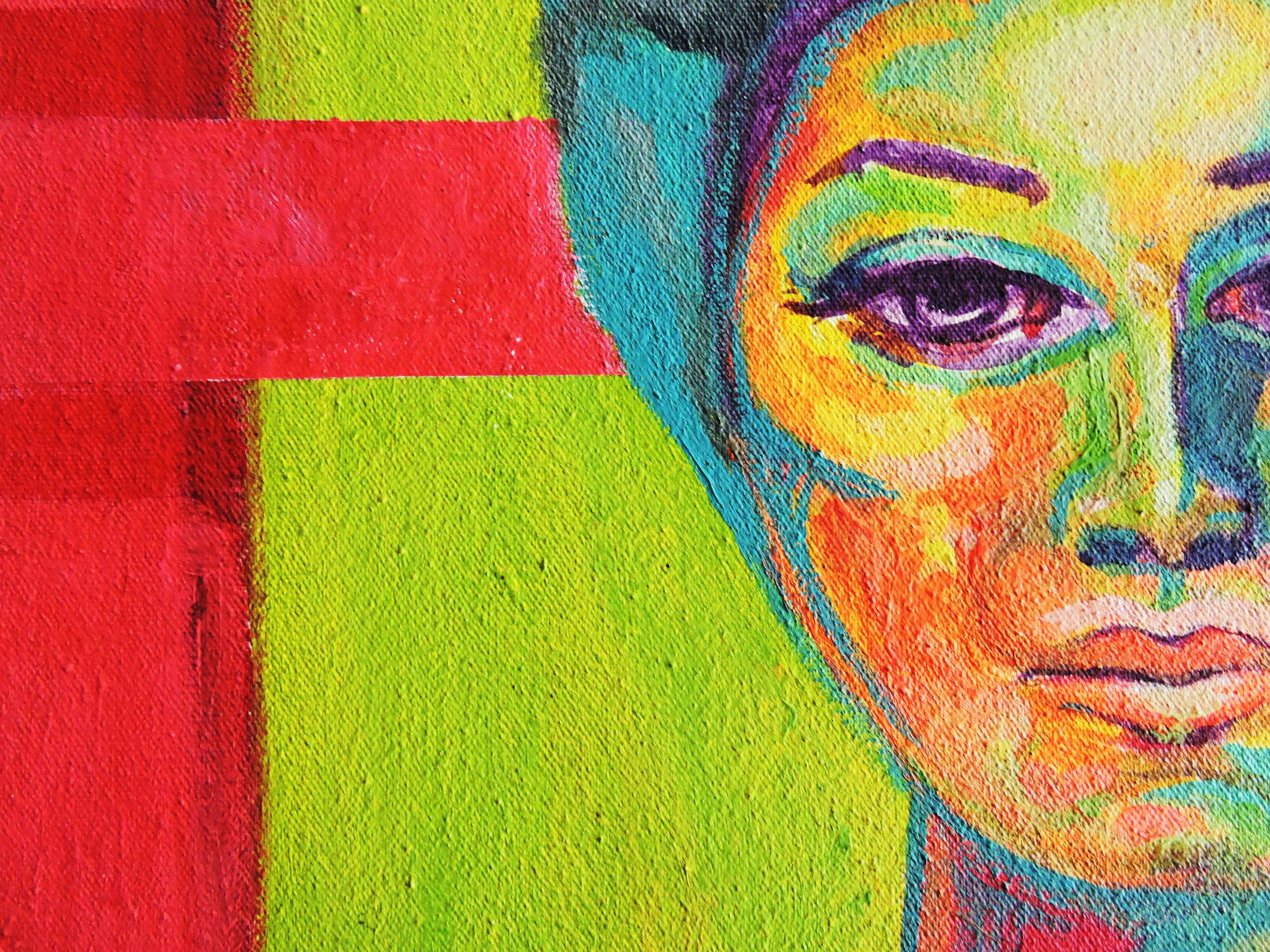 Mi madre Frida.
Esta obra está inspirada en una antigua fotografía de mi madre. Frida Kahlo fue una luchadora que se hizo un nombre en el mundo gracias a su arte y a su lucha por los derechos de la mujer. Los vibrantes colores de la obra transmiten