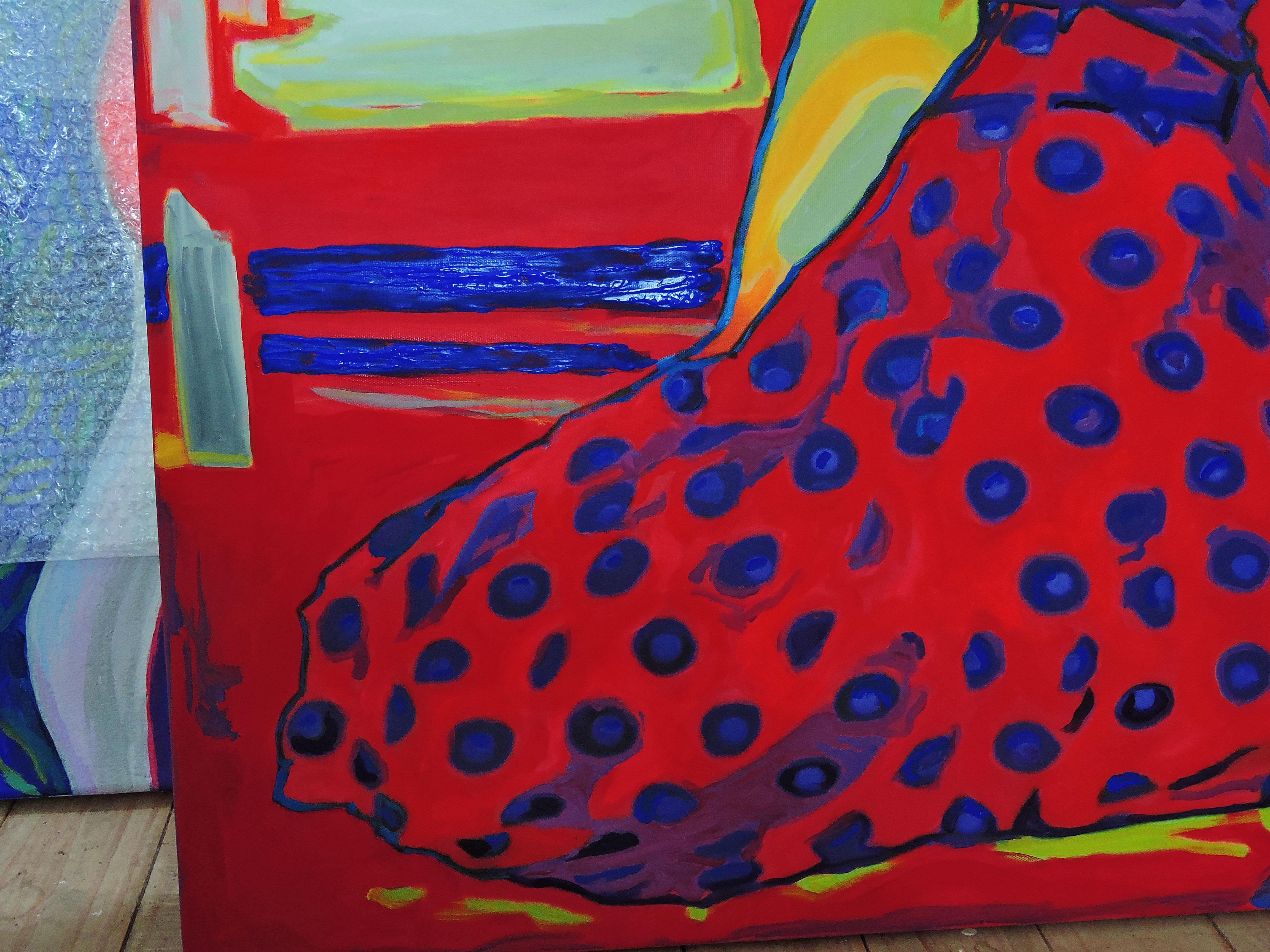 Selfie, inspiredy by Andy Warhol. - Red Figurative Painting by Raquel Sarangello