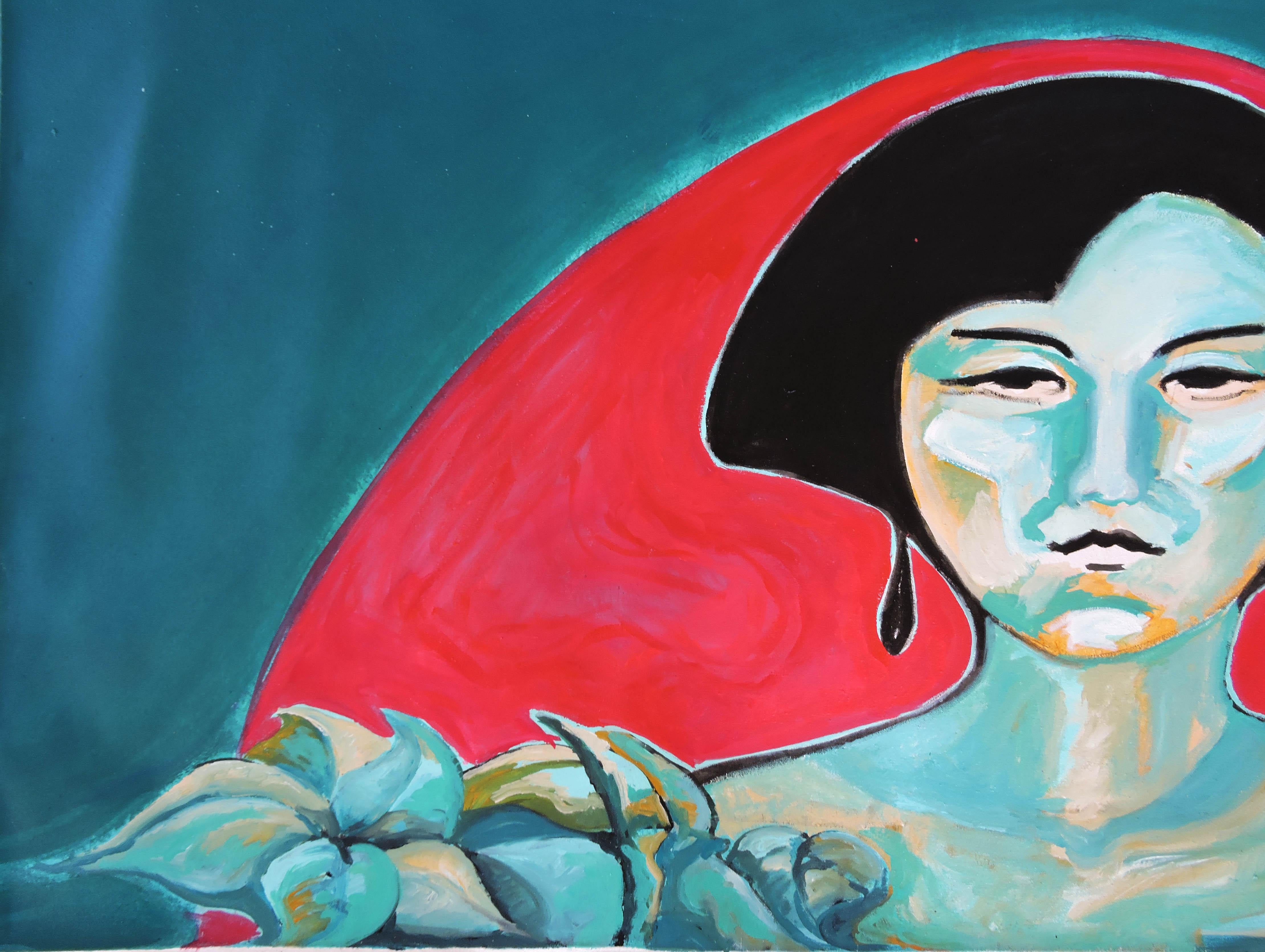 The calm and energy - Blue Portrait Painting by Raquel Sarangello