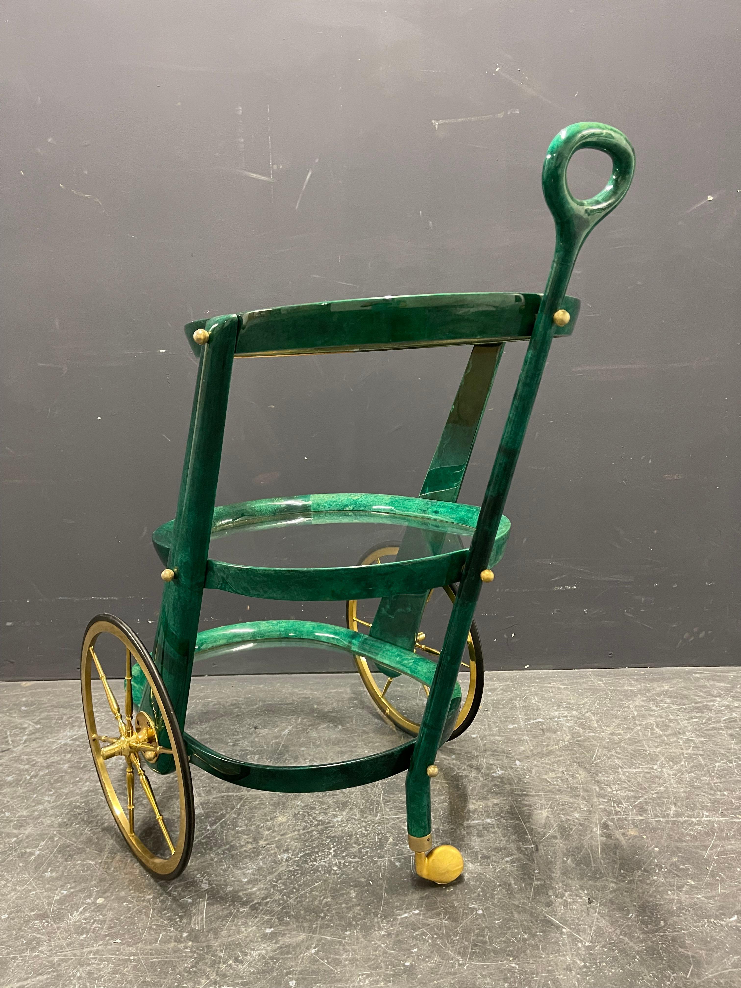 Brass Rar and Wonderful Aldo Tura Bar or Serving Cart in Lacquered Goatskin For Sale