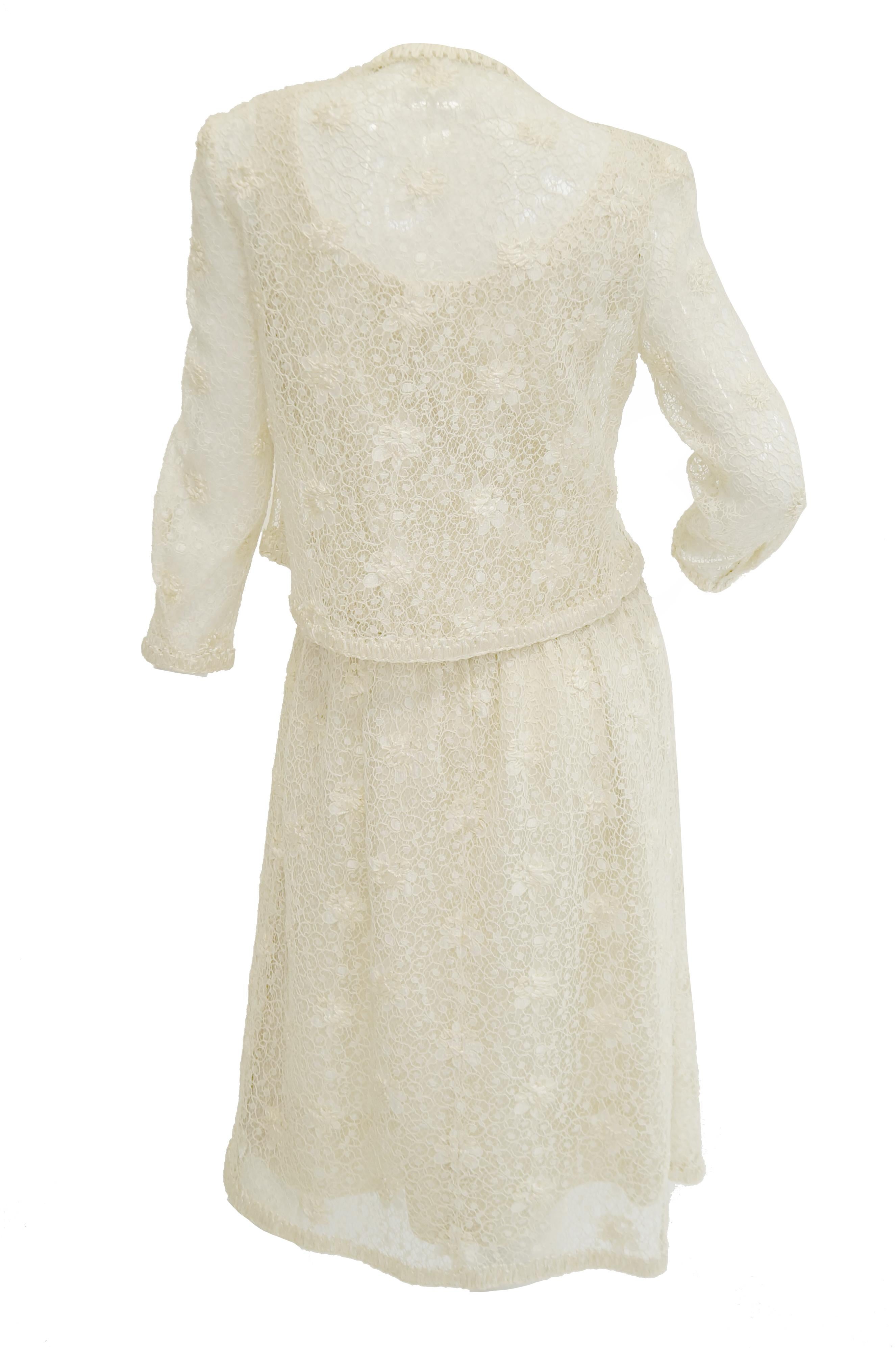1960s Jean Louis Couture Ivory Lace and Ribbon Work Cocktail Dress and Jacket For Sale 4