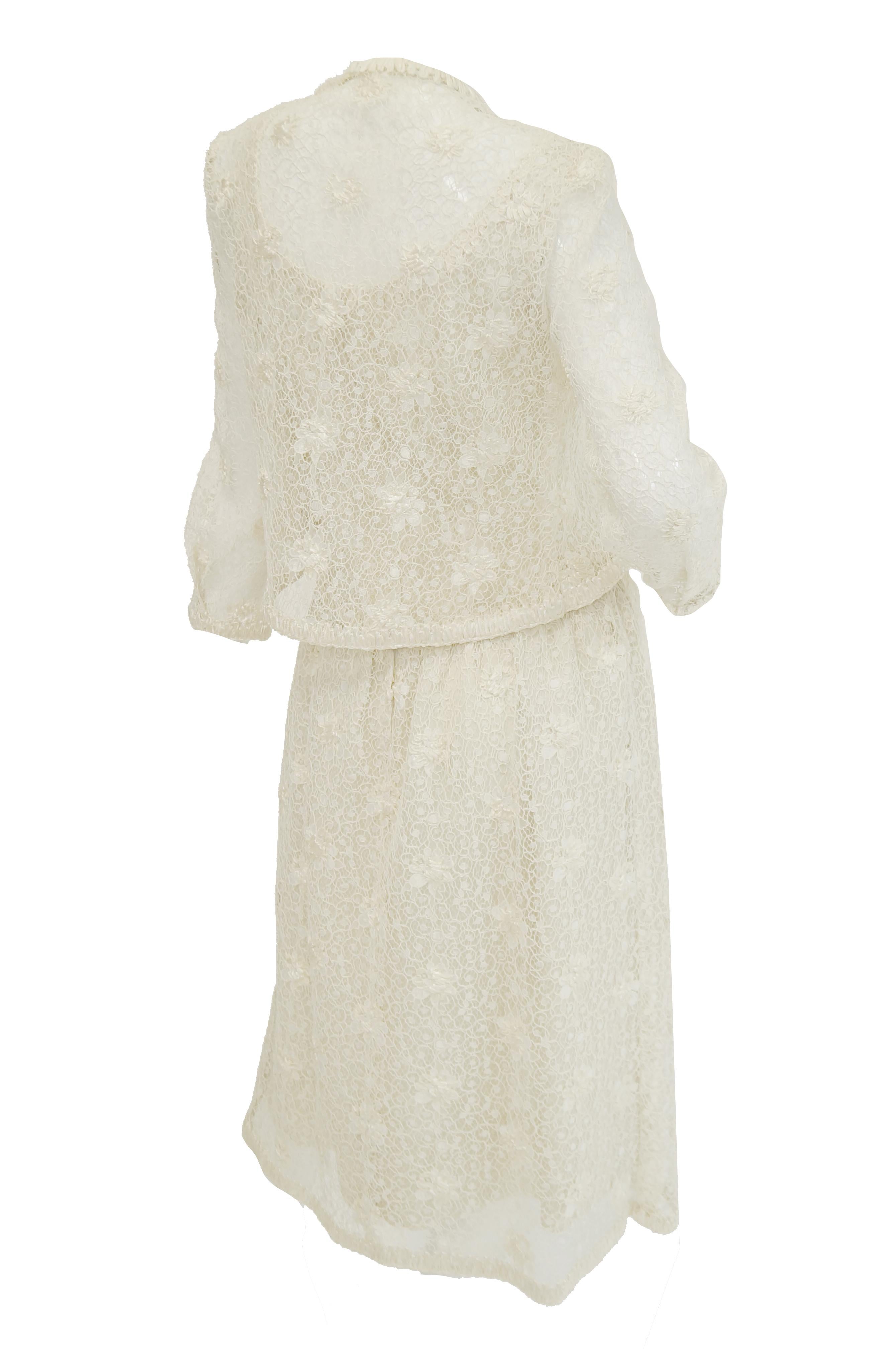 1960s Jean Louis Couture Ivory Lace and Ribbon Work Cocktail Dress and Jacket For Sale 5
