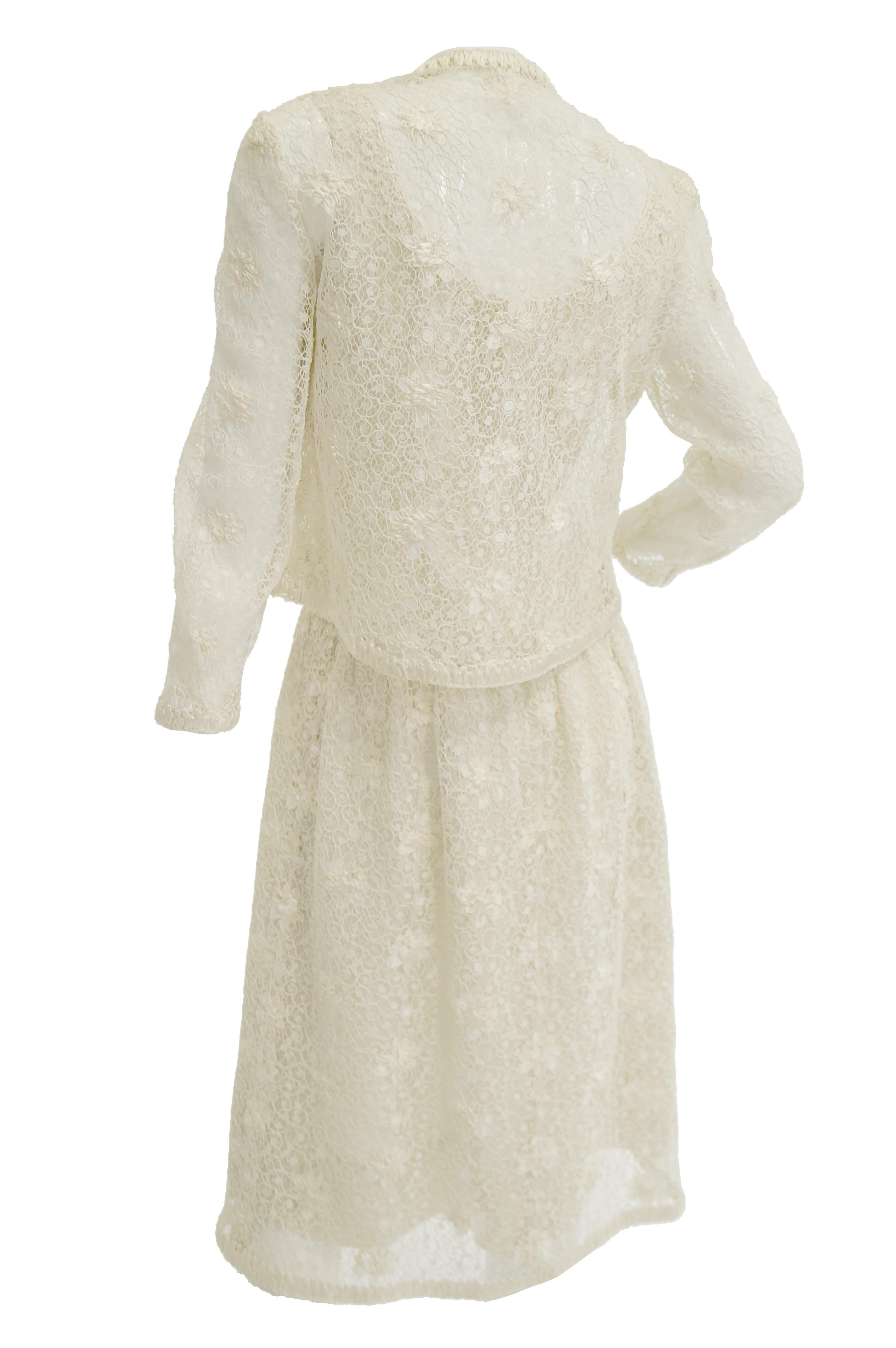 1960s Jean Louis Couture Ivory Lace and Ribbon Work Cocktail Dress and Jacket For Sale 6