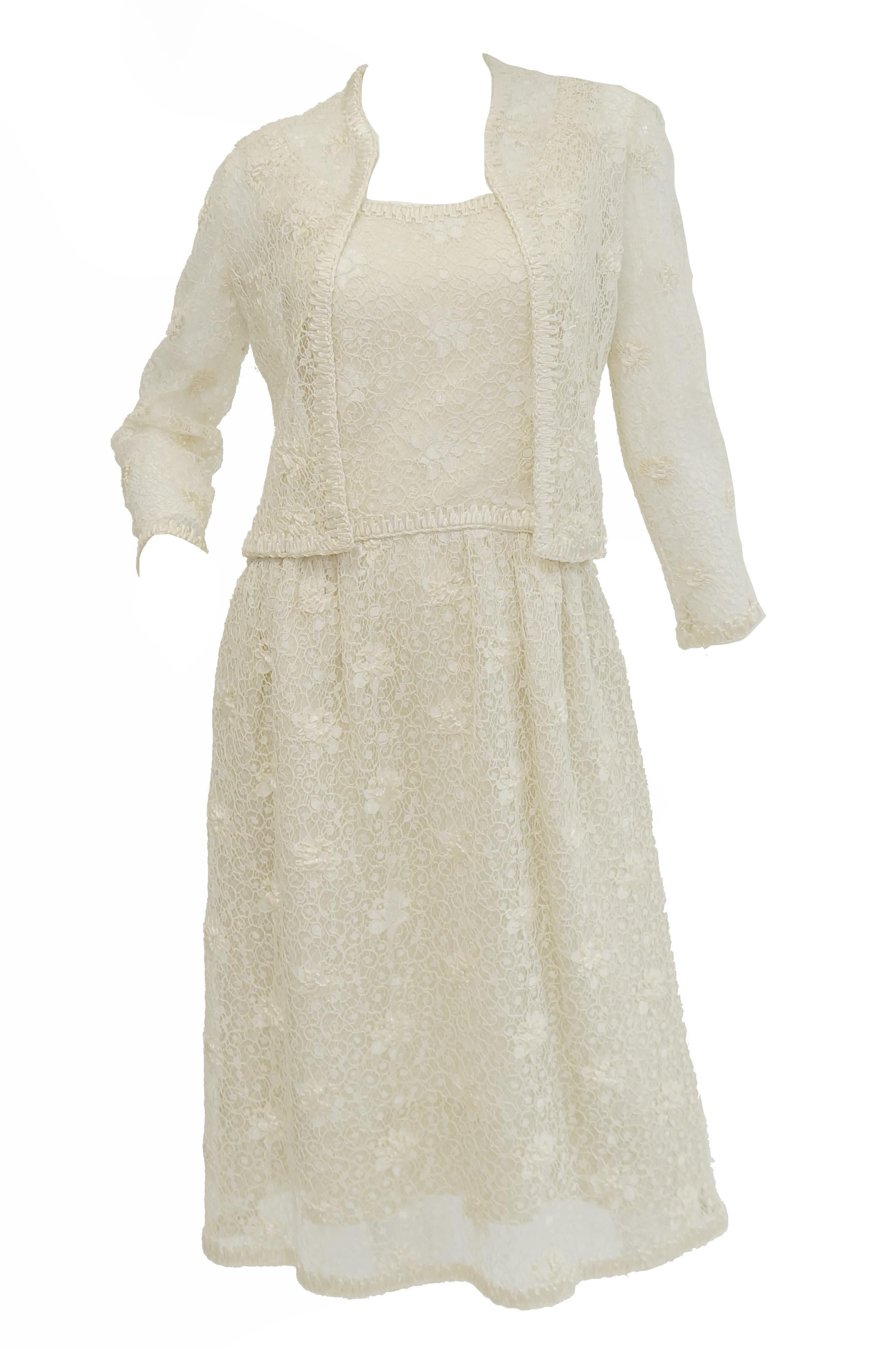 1960s Jean Louis Couture Ivory Lace and Ribbon Work Cocktail Dress and Jacket For Sale 7