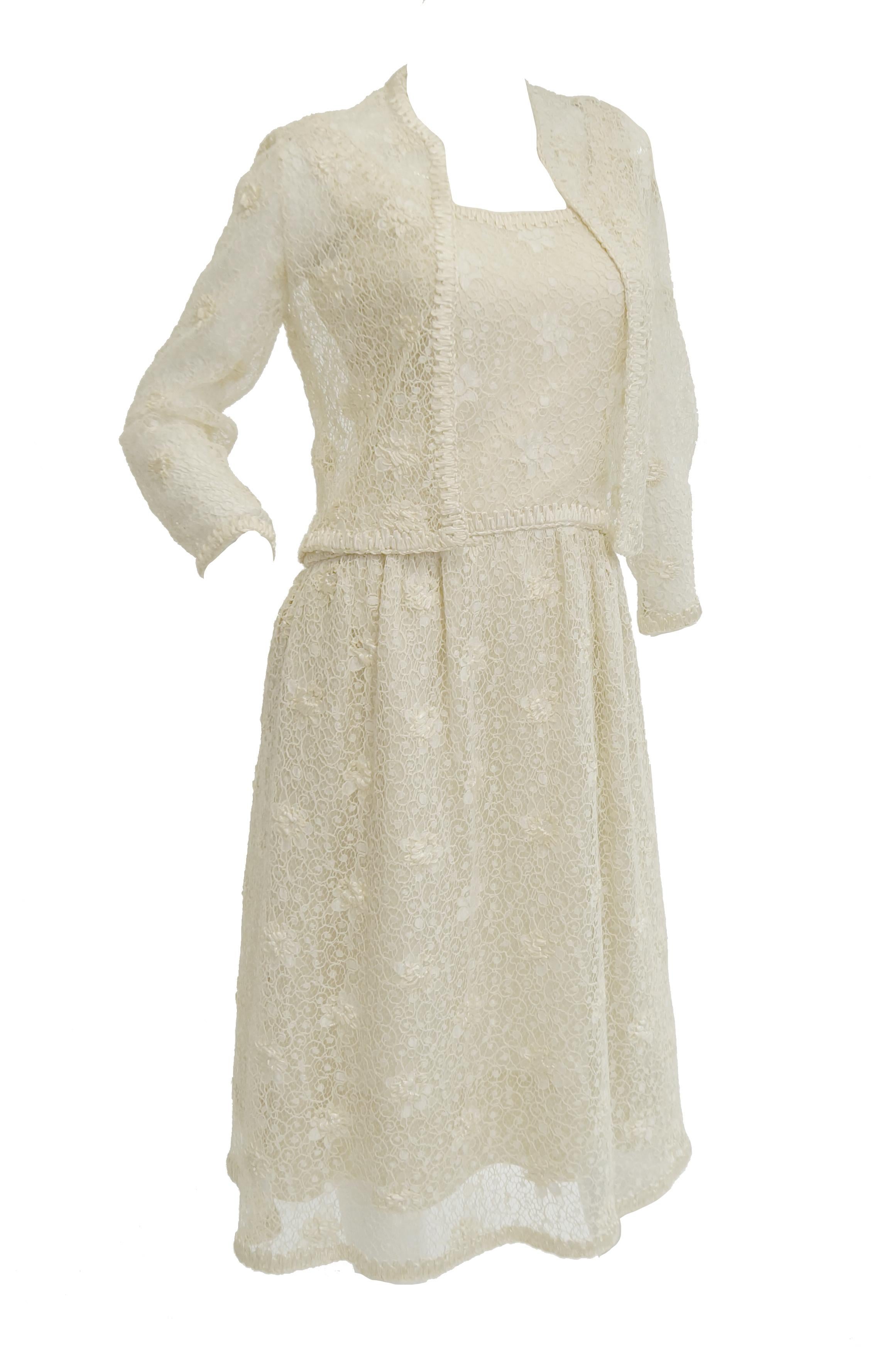 1960s Jean Louis Couture Ivory Lace and Ribbon Work Cocktail Dress and Jacket For Sale 8