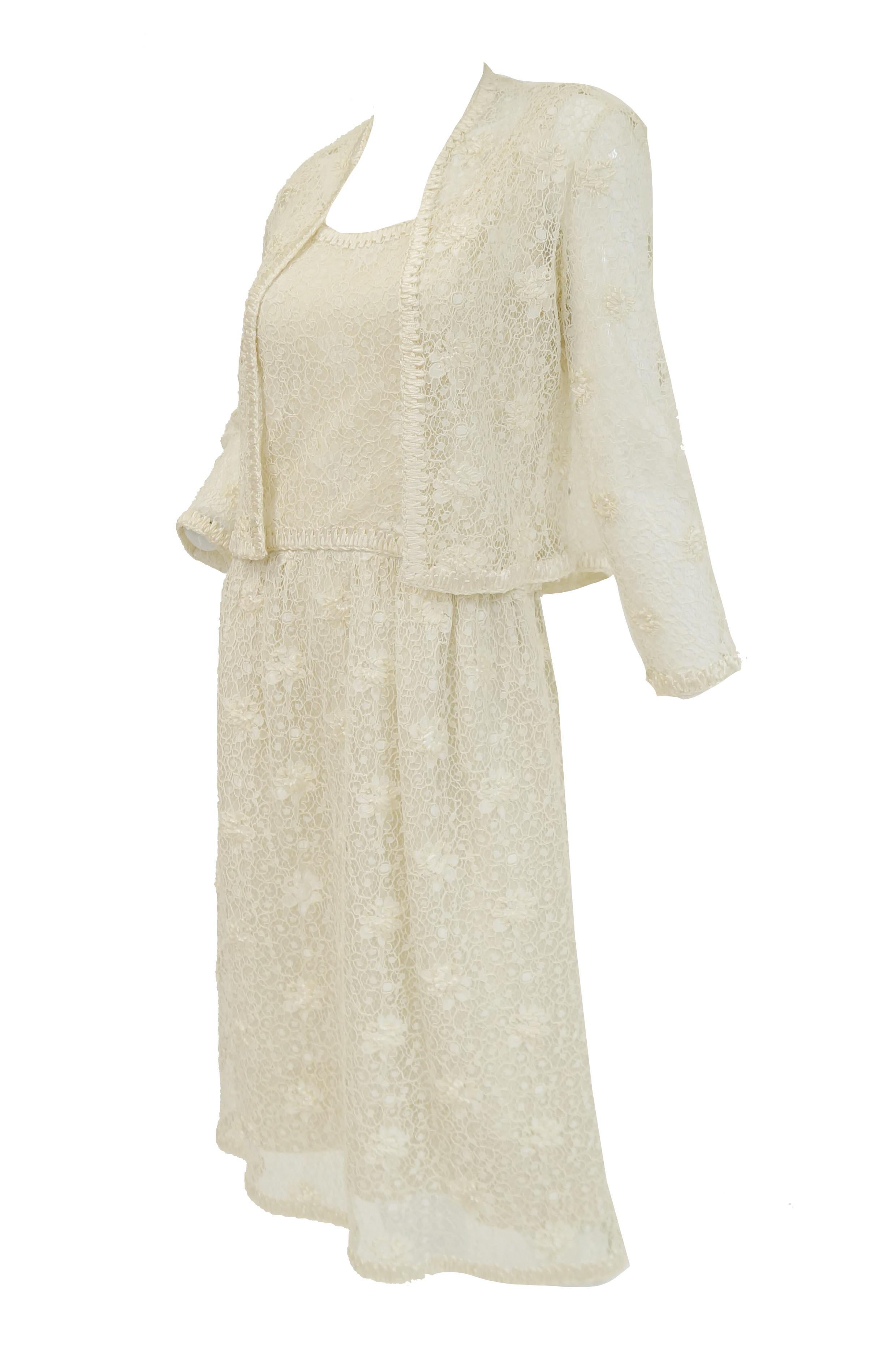 1960s Jean Louis Couture Ivory Lace and Ribbon Work Cocktail Dress and Jacket For Sale 9