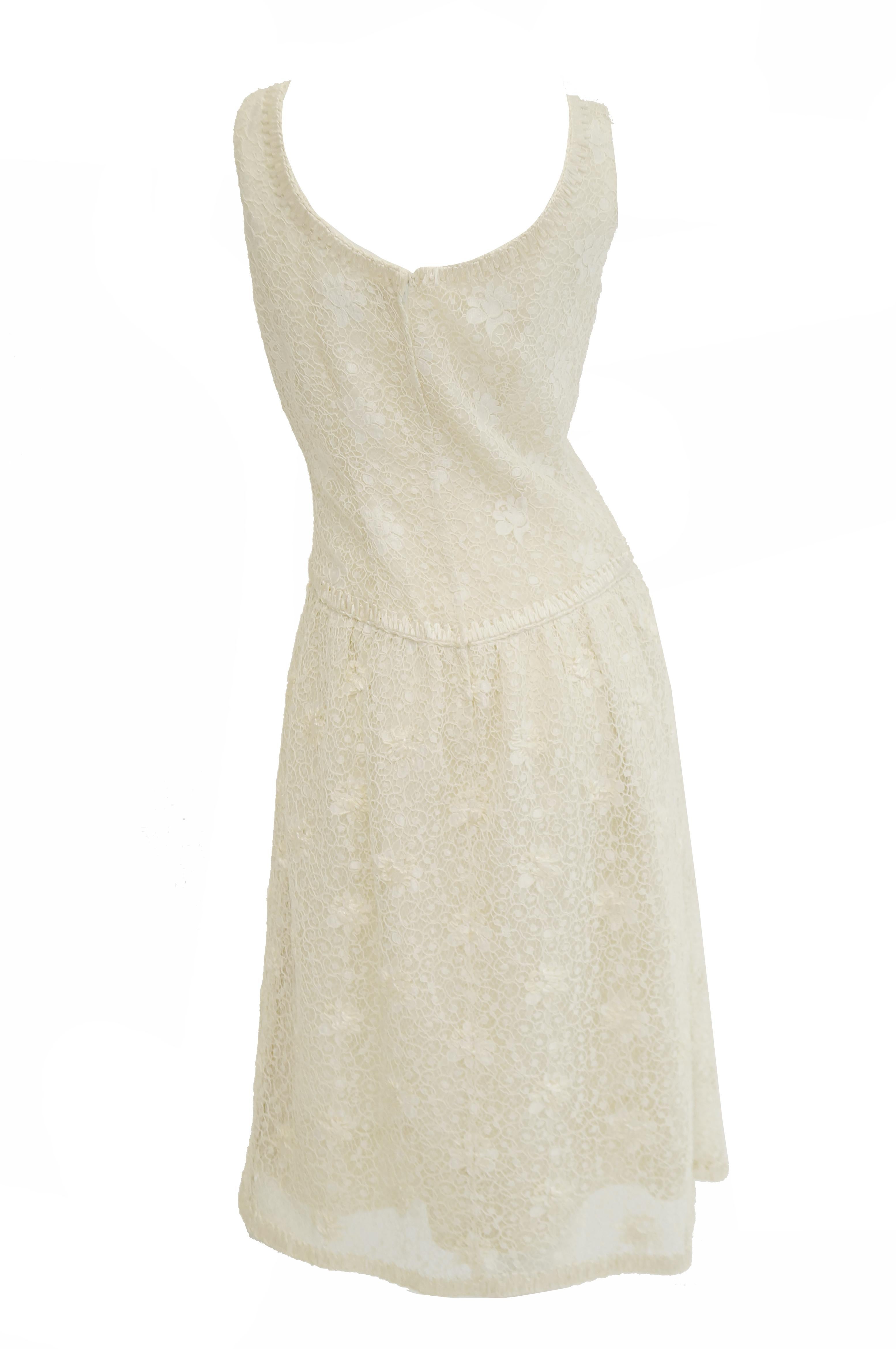1960s Jean Louis Couture Ivory Lace and Ribbon Work Cocktail Dress and Jacket For Sale 1