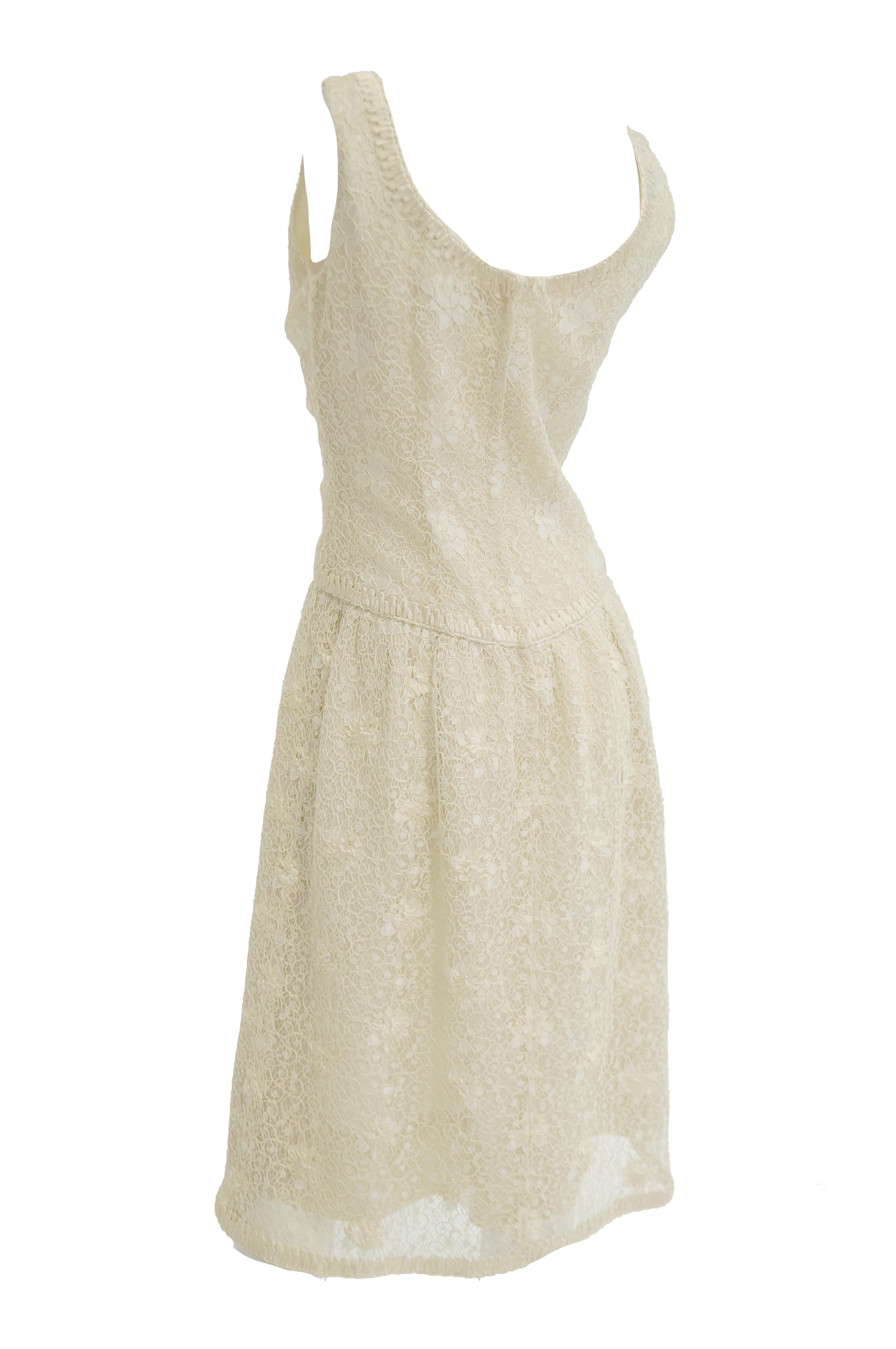 1960s Jean Louis Couture Ivory Lace and Ribbon Work Cocktail Dress and Jacket For Sale 2