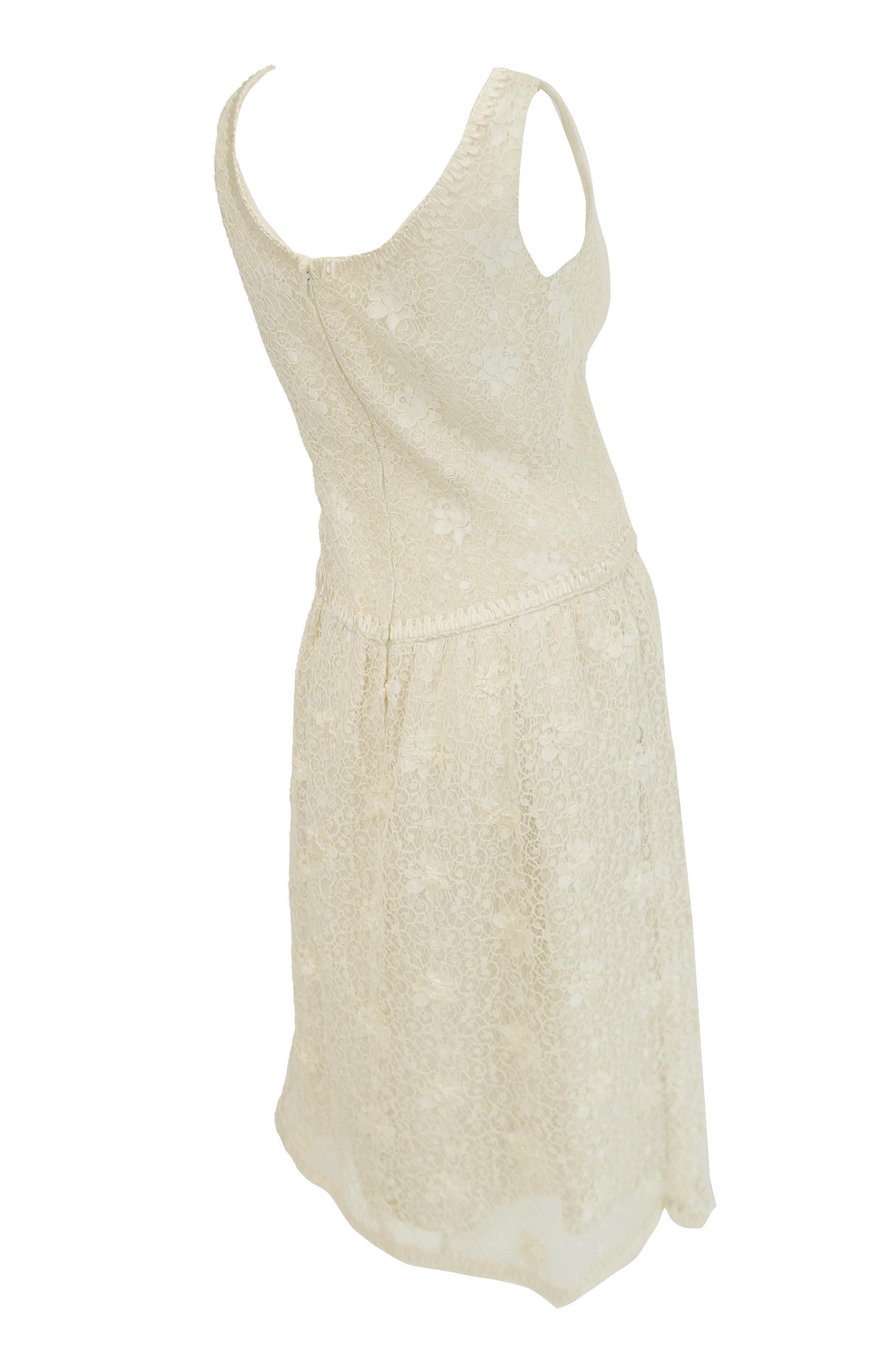 1960s Jean Louis Couture Ivory Lace and Ribbon Work Cocktail Dress and Jacket For Sale 3