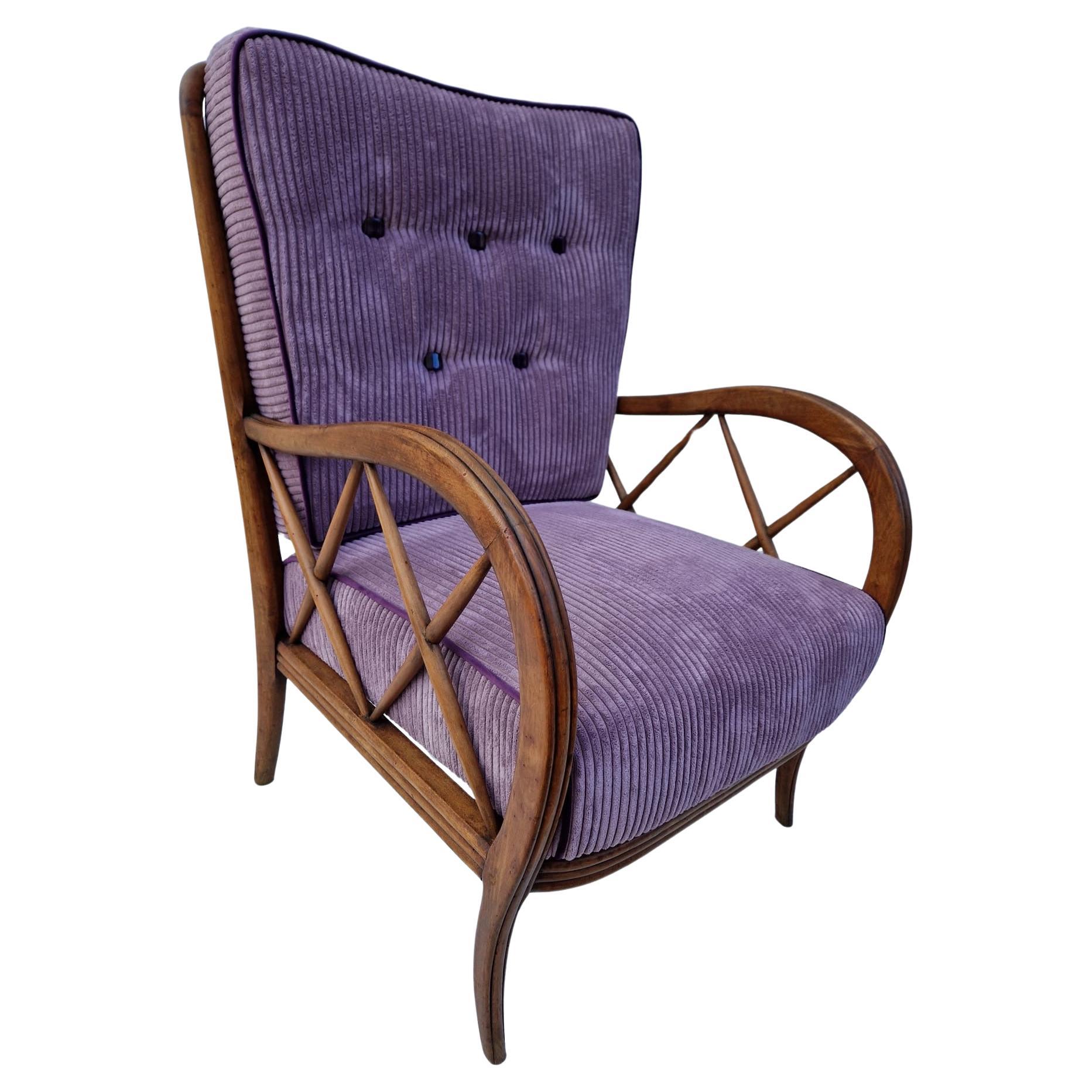 Rare lilac-colored velvet armchair for size by Paolo Buffa, 1950s  For Sale