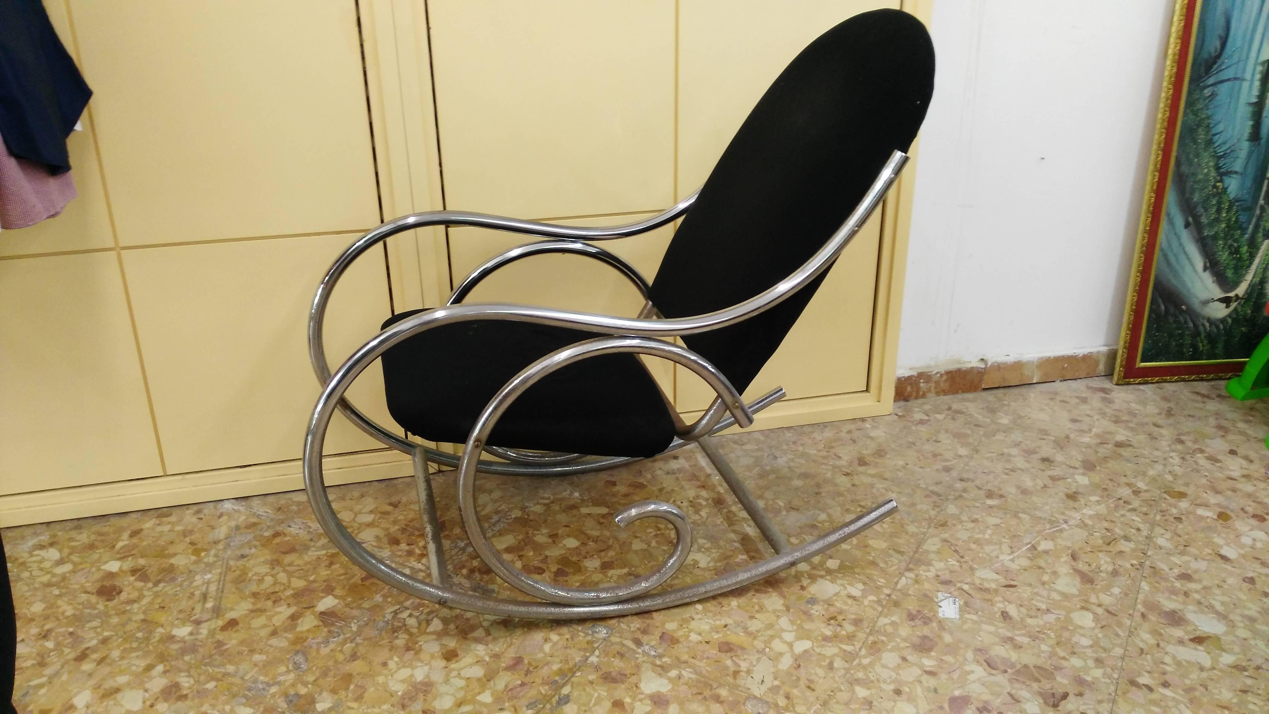 Italian Rara Rocking Chair Armchair Steel Fabric 1970s Vintage Modernariato