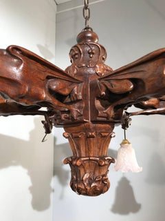 Rare Wooden Gothic Revival Art Chandelier Gargoyle Notre-Dame Style Sculptures