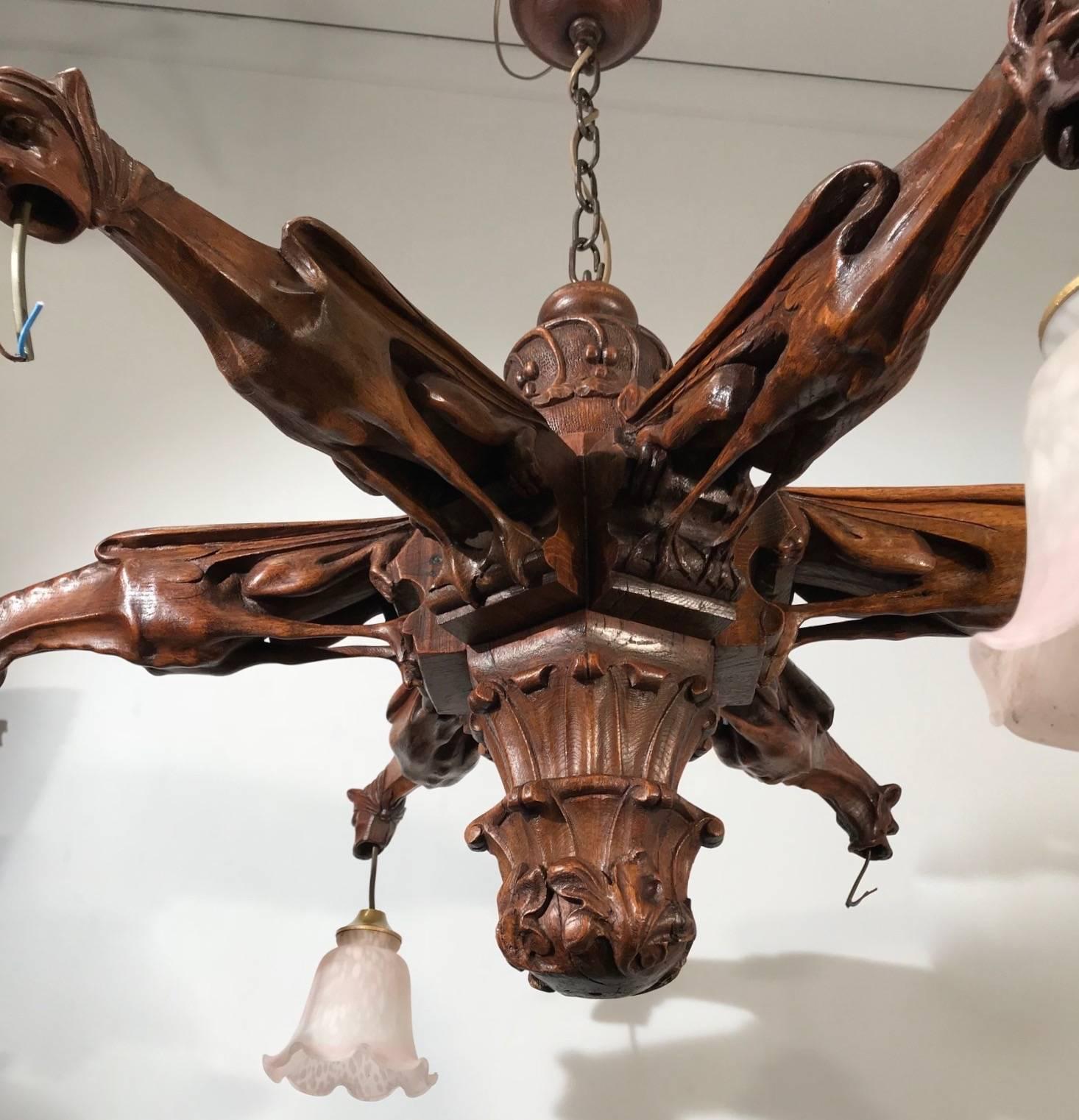 20th Century Rare Wooden Gothic Revival Art Chandelier Gargoyle Notre-Dame Style Sculptures