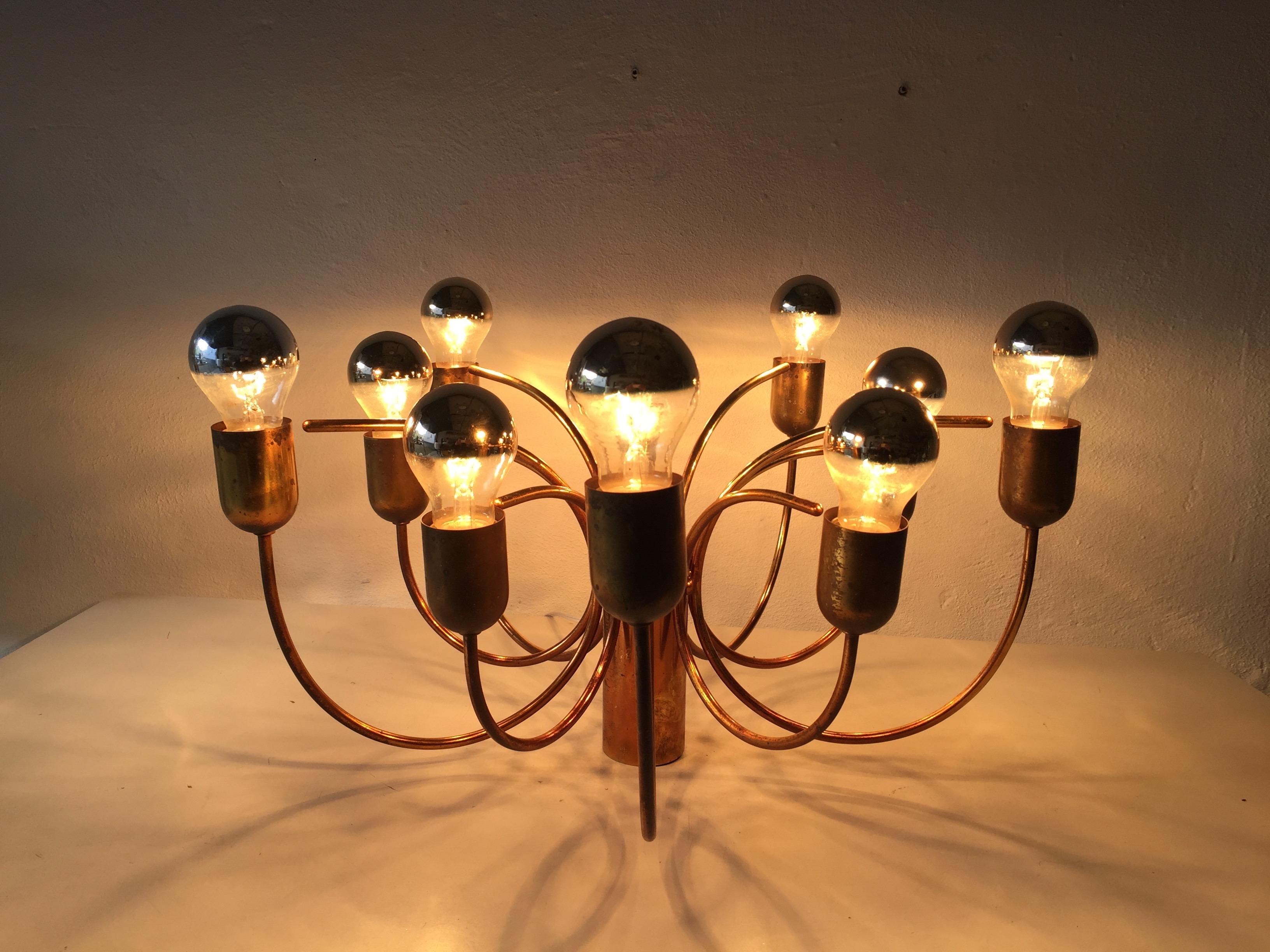 Rare 10 Arc Shaped Arms Full Brass Chandelier by Cosack Leuchten, 1970s Germany For Sale 9