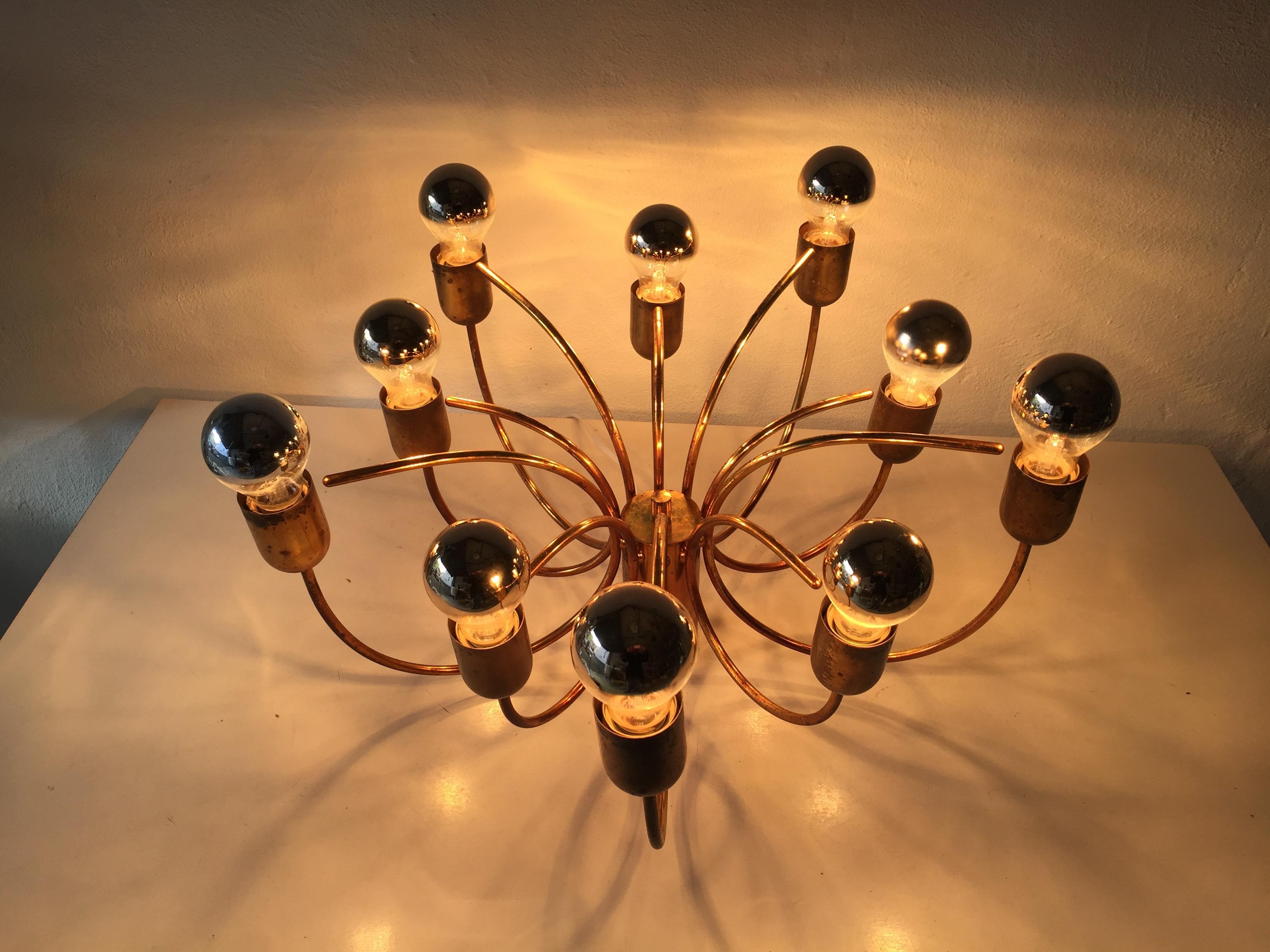 Rare 10 Arc Shaped Arms Full Brass Chandelier by Cosack Leuchten, 1970s Germany For Sale 10