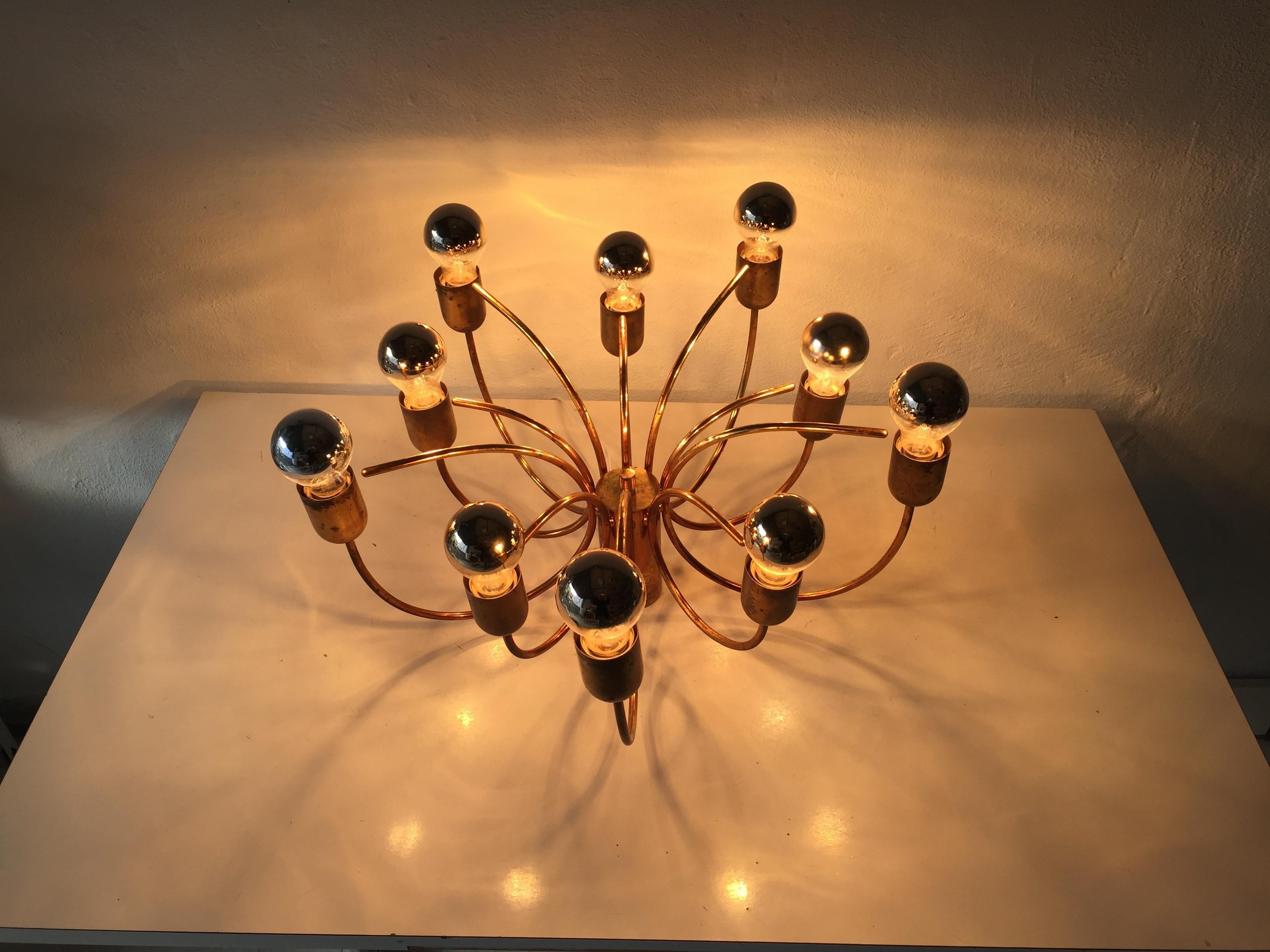 Rare 10 Arc Shaped Arms Full Brass Chandelier by Cosack Leuchten, 1970s Germany For Sale 12