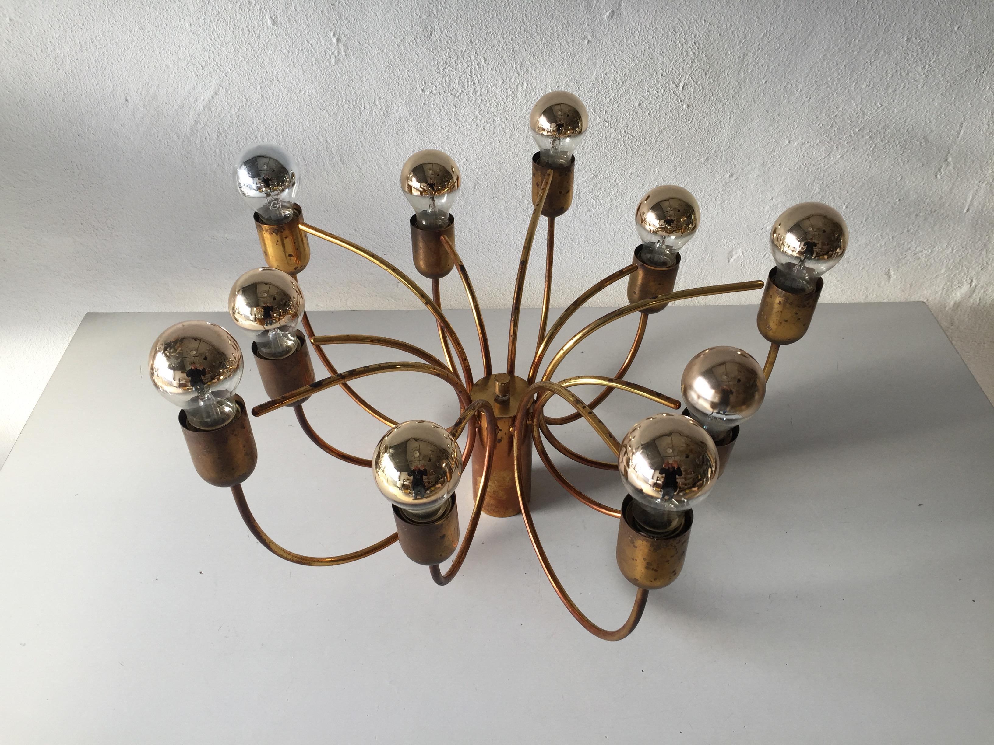 Mid-Century Modern Rare 10 Arc Shaped Arms Full Brass Chandelier by Cosack Leuchten, 1970s Germany For Sale