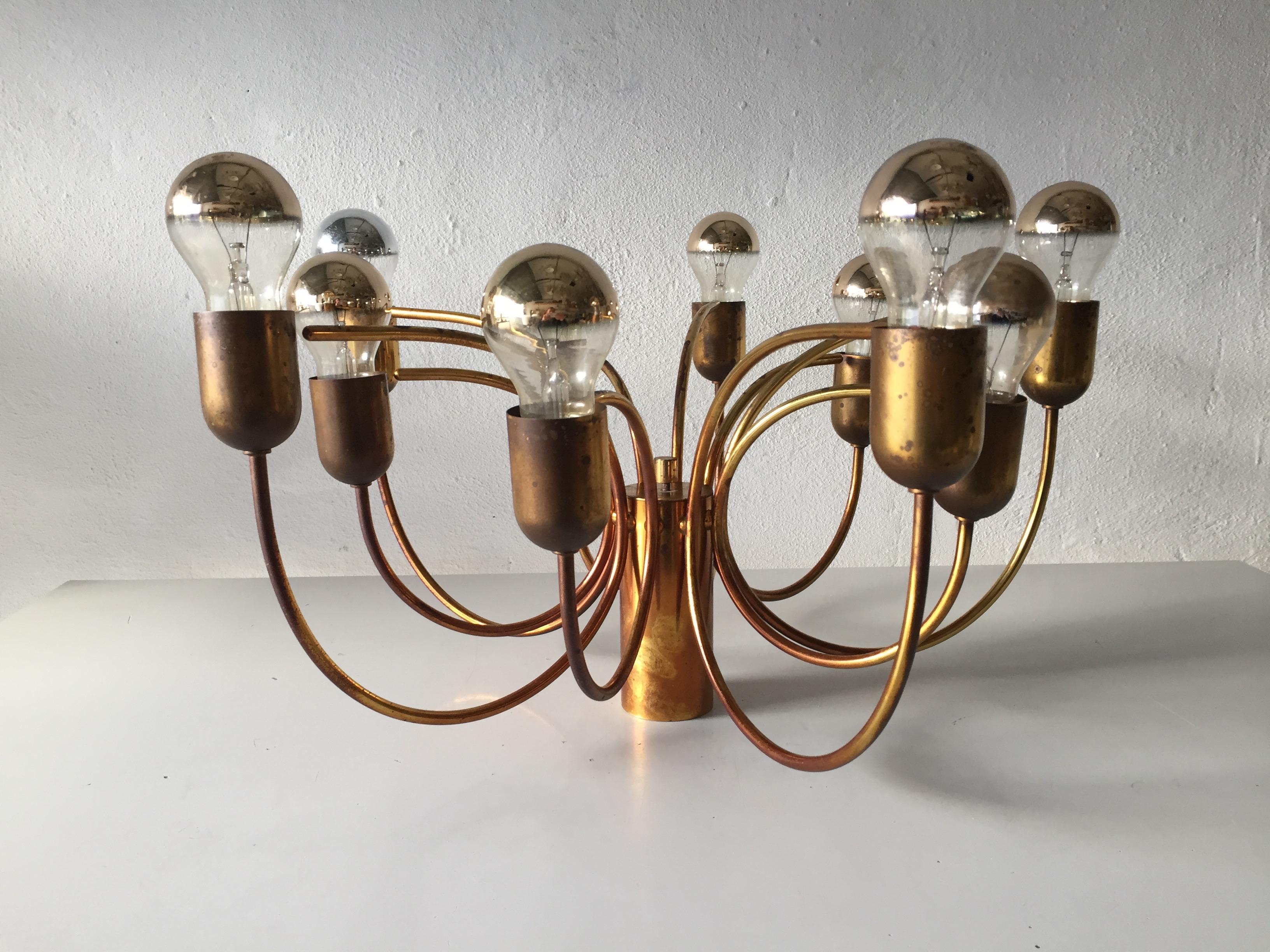 Rare 10 Arc Shaped Arms Full Brass Chandelier by Cosack Leuchten, 1970s Germany In Good Condition For Sale In Hagenbach, DE