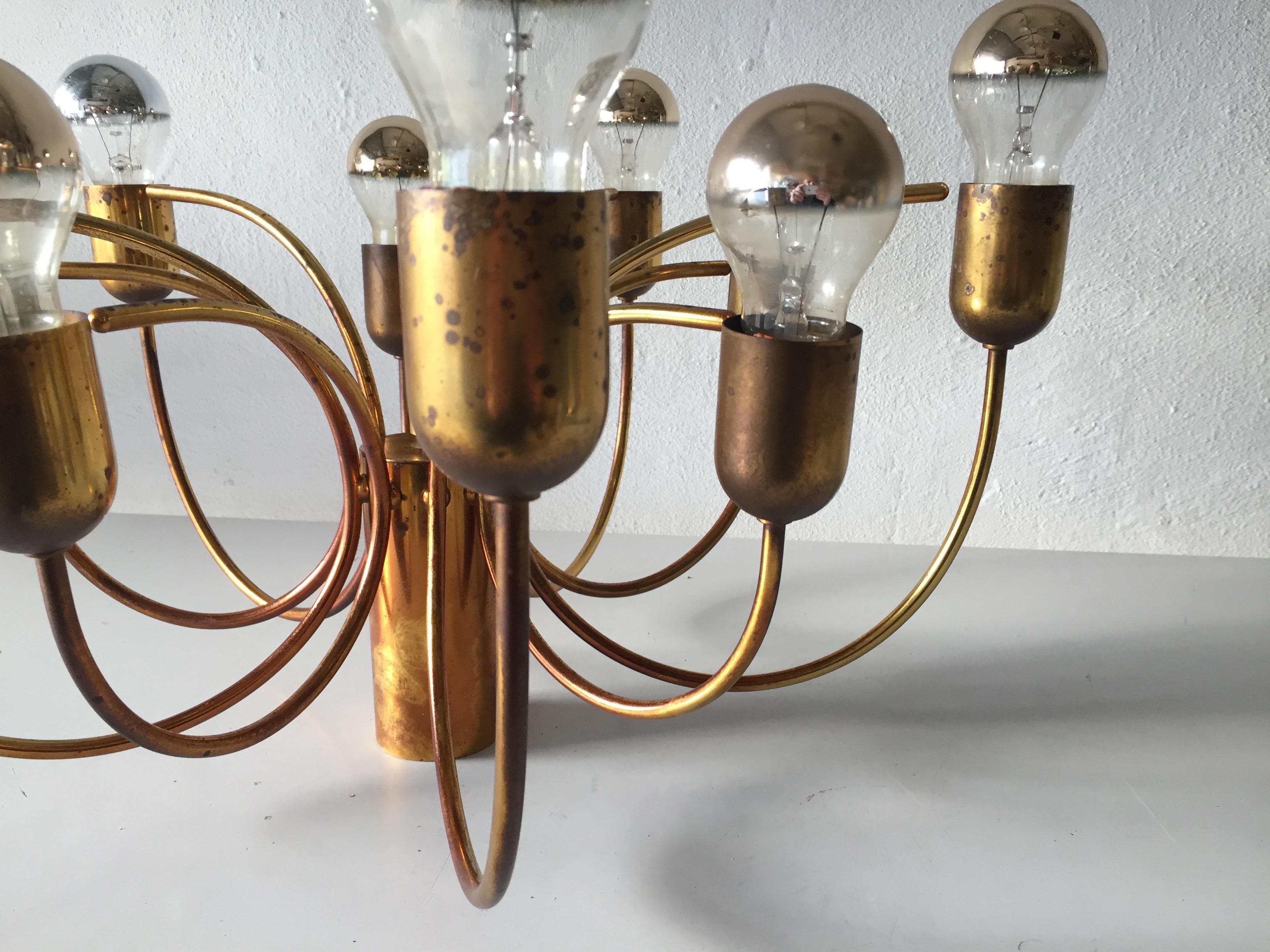 Late 20th Century Rare 10 Arc Shaped Arms Full Brass Chandelier by Cosack Leuchten, 1970s Germany For Sale