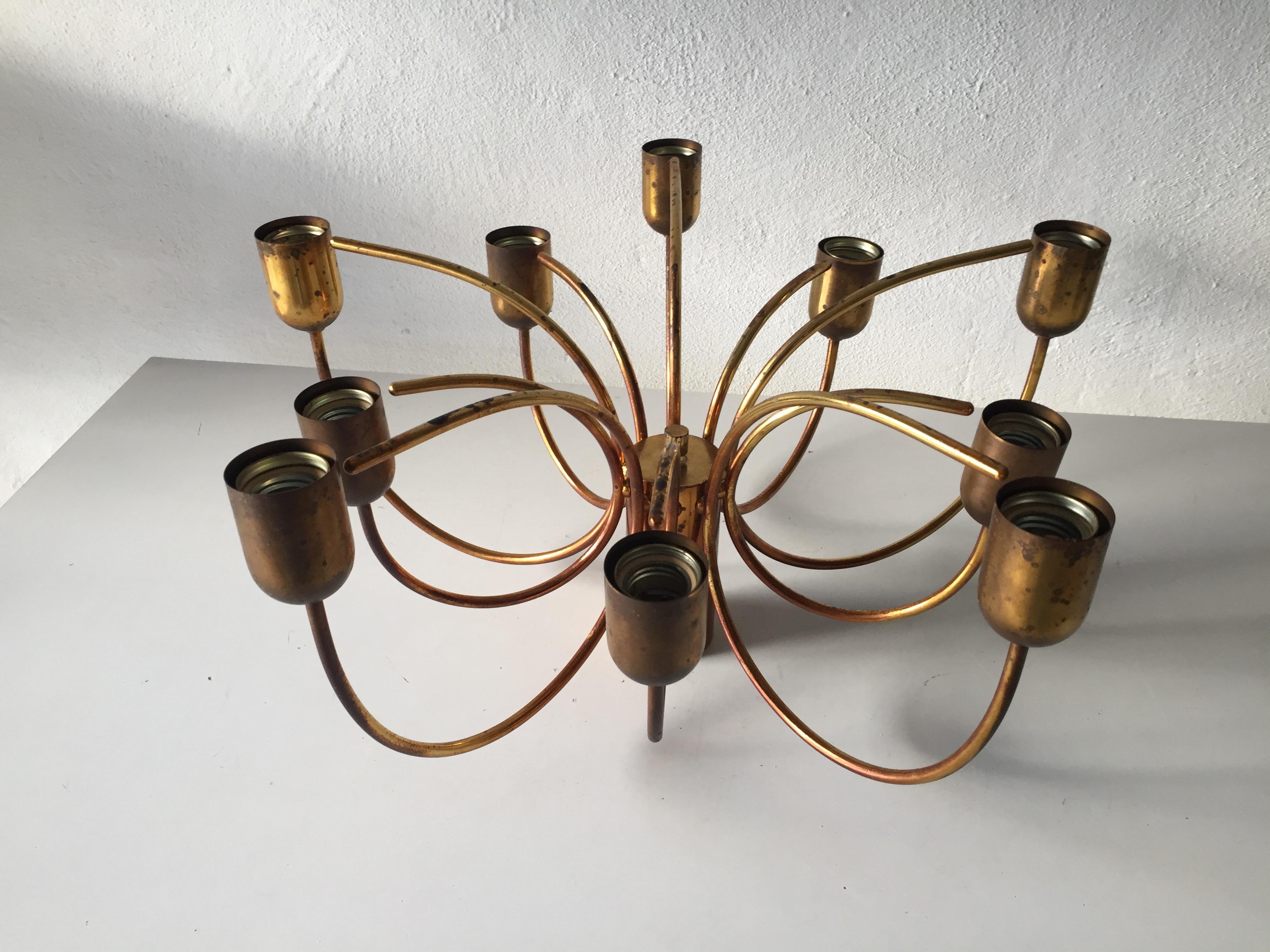 Rare 10 Arc Shaped Arms Full Brass Chandelier by Cosack Leuchten, 1970s Germany For Sale 2