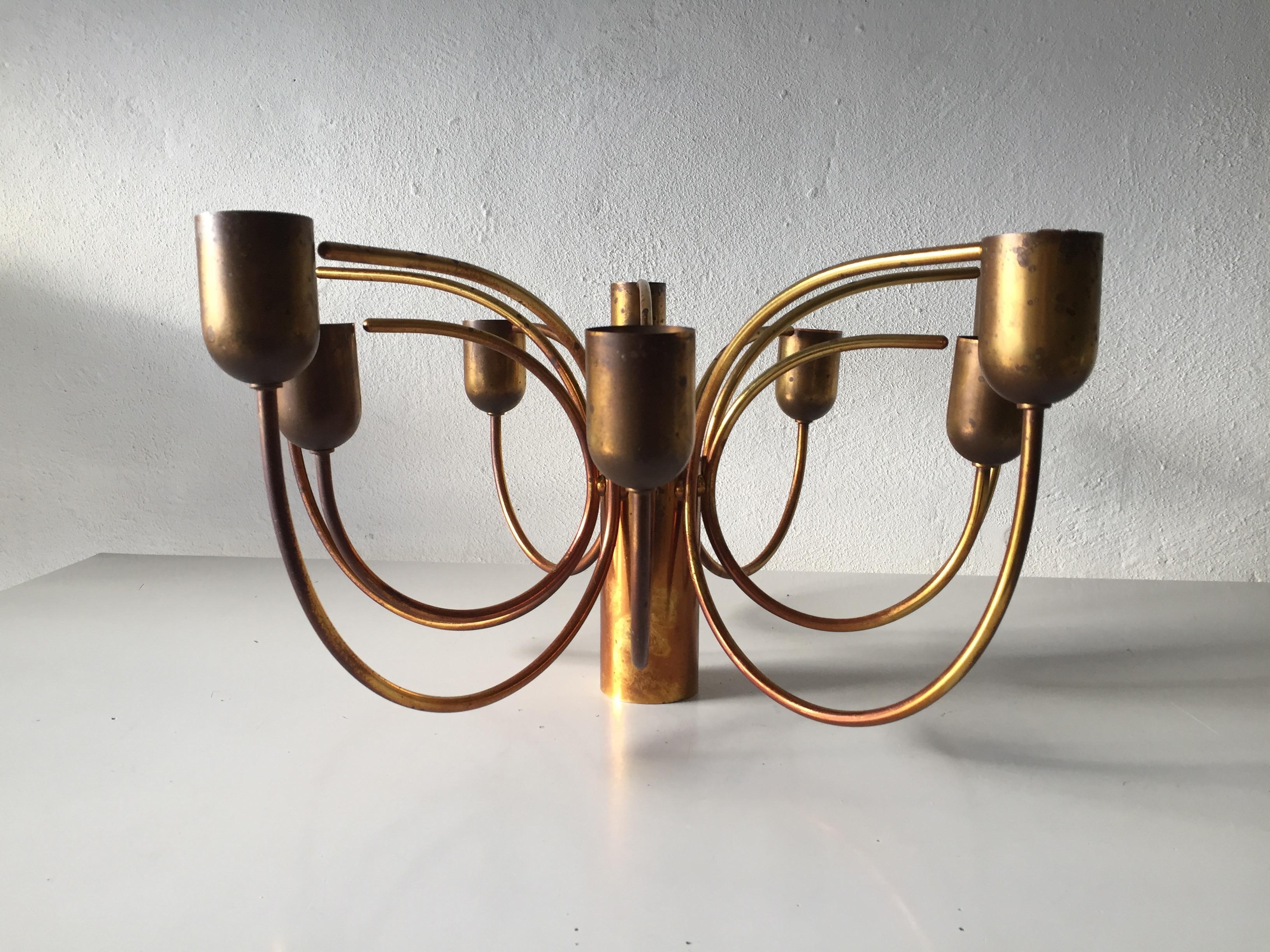 Rare 10 Arc Shaped Arms Full Brass Chandelier by Cosack Leuchten, 1970s Germany For Sale 3