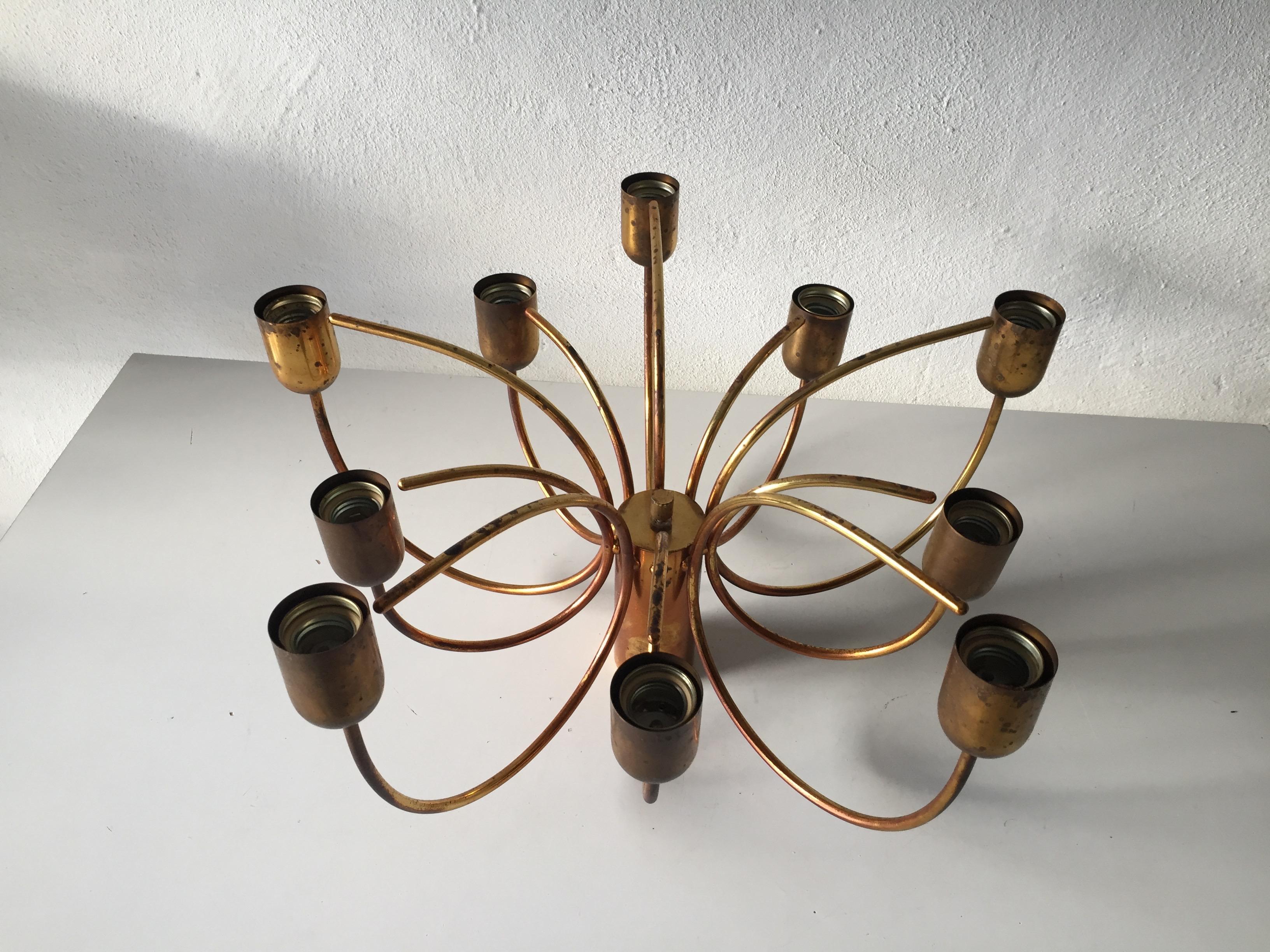 Rare 10 Arc Shaped Arms Full Brass Chandelier by Cosack Leuchten, 1970s Germany For Sale 4