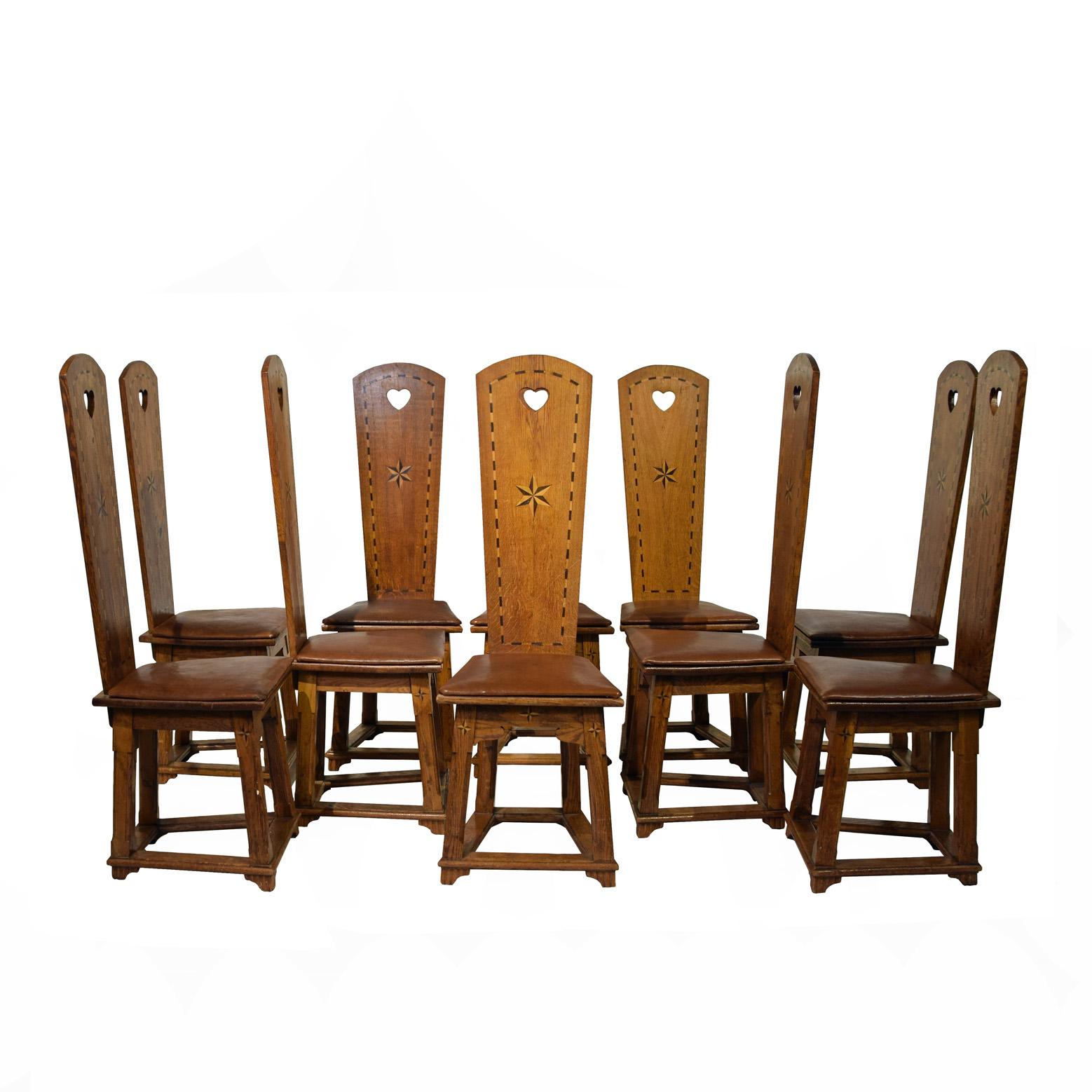 Villa Foresta was build in the years 1908-1910. The architects were Ernst Stenhammar and Edvard Bernhard who also designed the Grand Hotel Royal on Blasieholmen in Stockholm . Ten chairs are made in solid oak with inlay original condition 