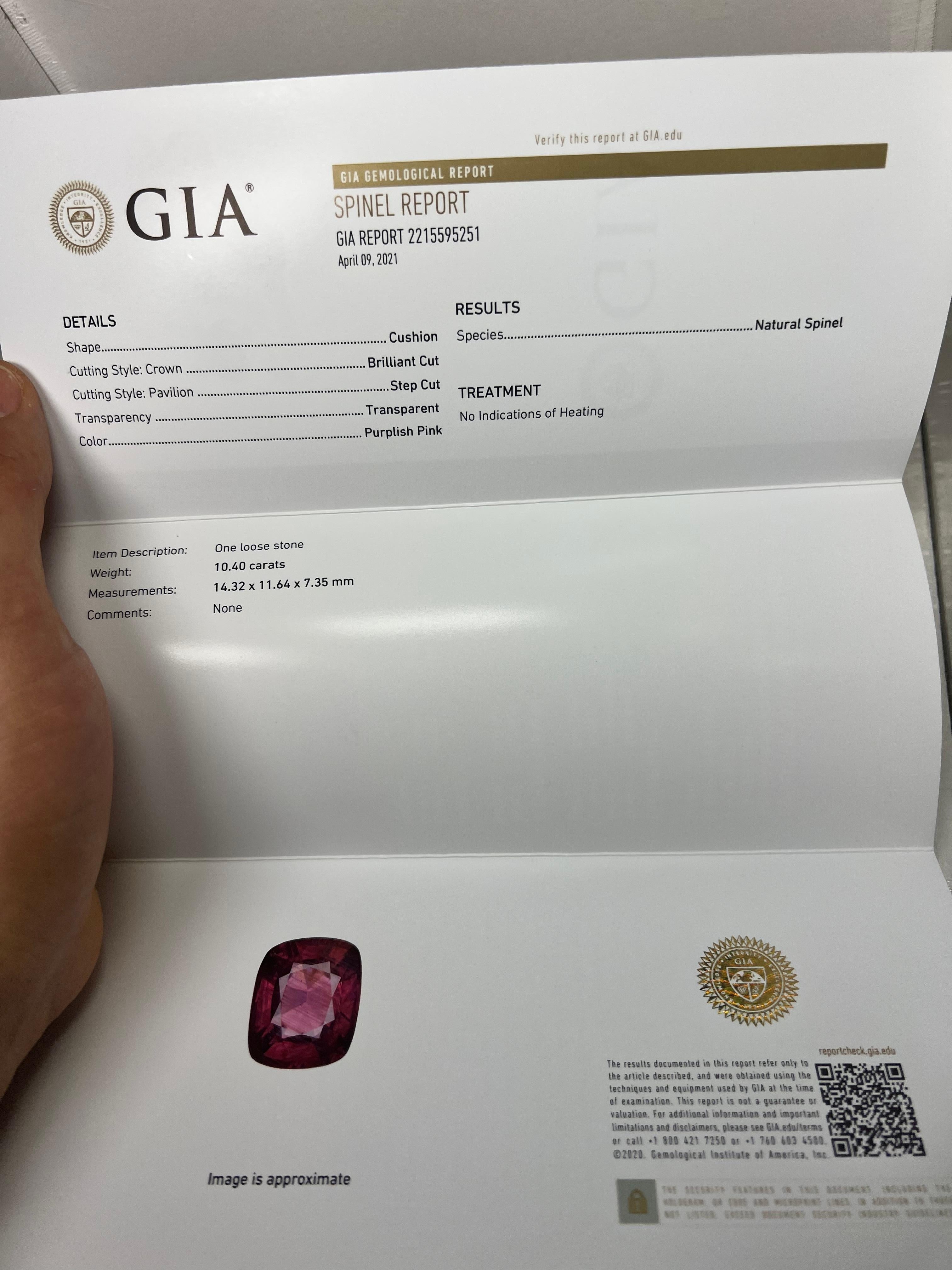 This beautiful GIA certified 10.4 carat Purplish Pink Spinel is one of the once in a lifetime finds and opportunities a savvy collector and fine jewel lover can possess. It has been beautifully Preset in 925 Sterling Silver Ring. This Purplish Pink