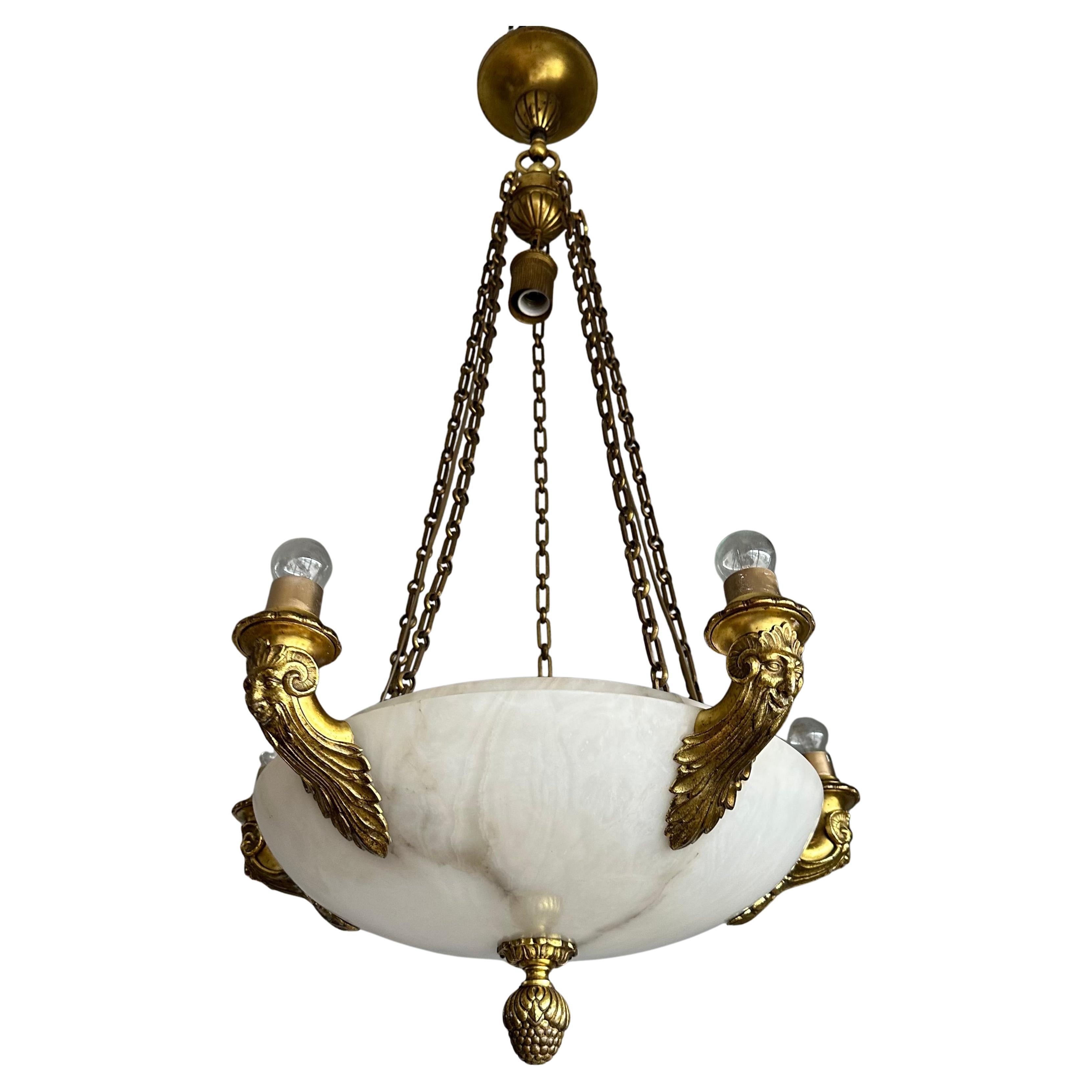 Rare 11 Light Gilt Bronze & Alabaster Large Shade Chandelier w. Ogre Sculptures