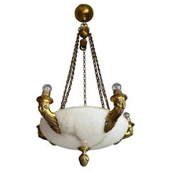 Antique Rare 11 Light Gilt Bronze & Alabaster Large Shade Chandelier w. Ogre Sculptures