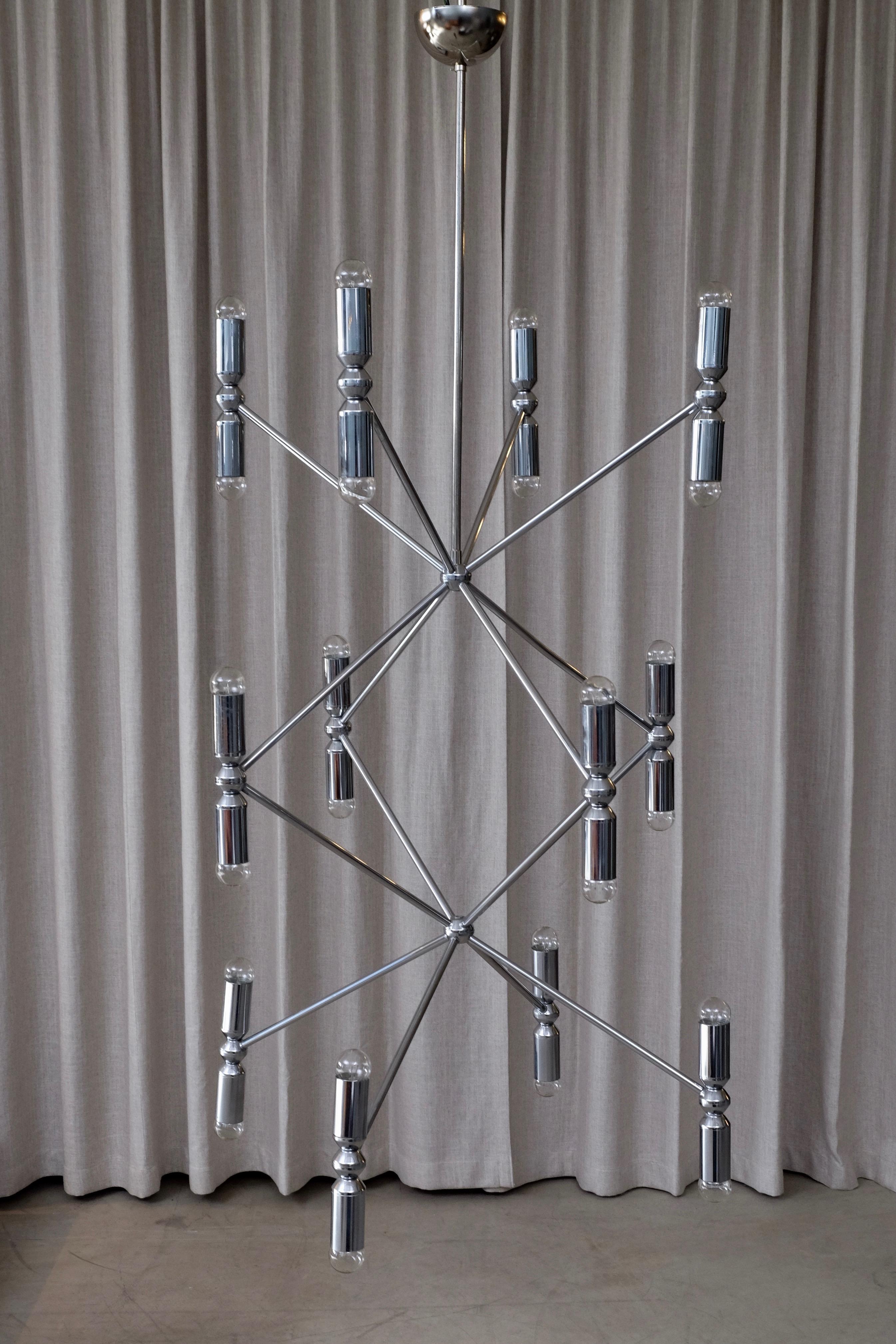 Italian Rare 12-Arm Chandelier with 24 Lights in Chrome, 1970s For Sale