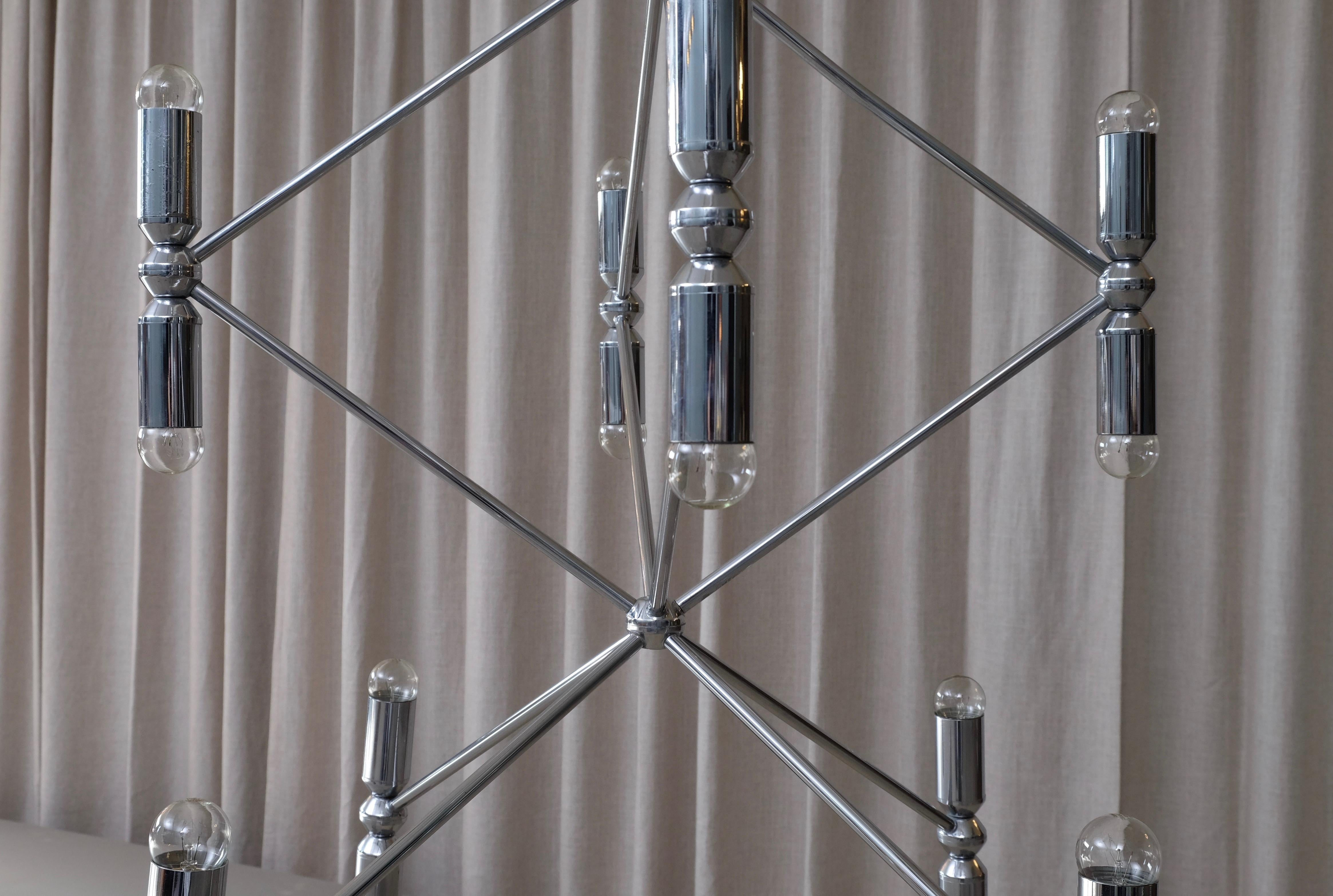 Rare 12-Arm Chandelier with 24 Lights in Chrome, 1970s In Good Condition For Sale In Stockholm, SE