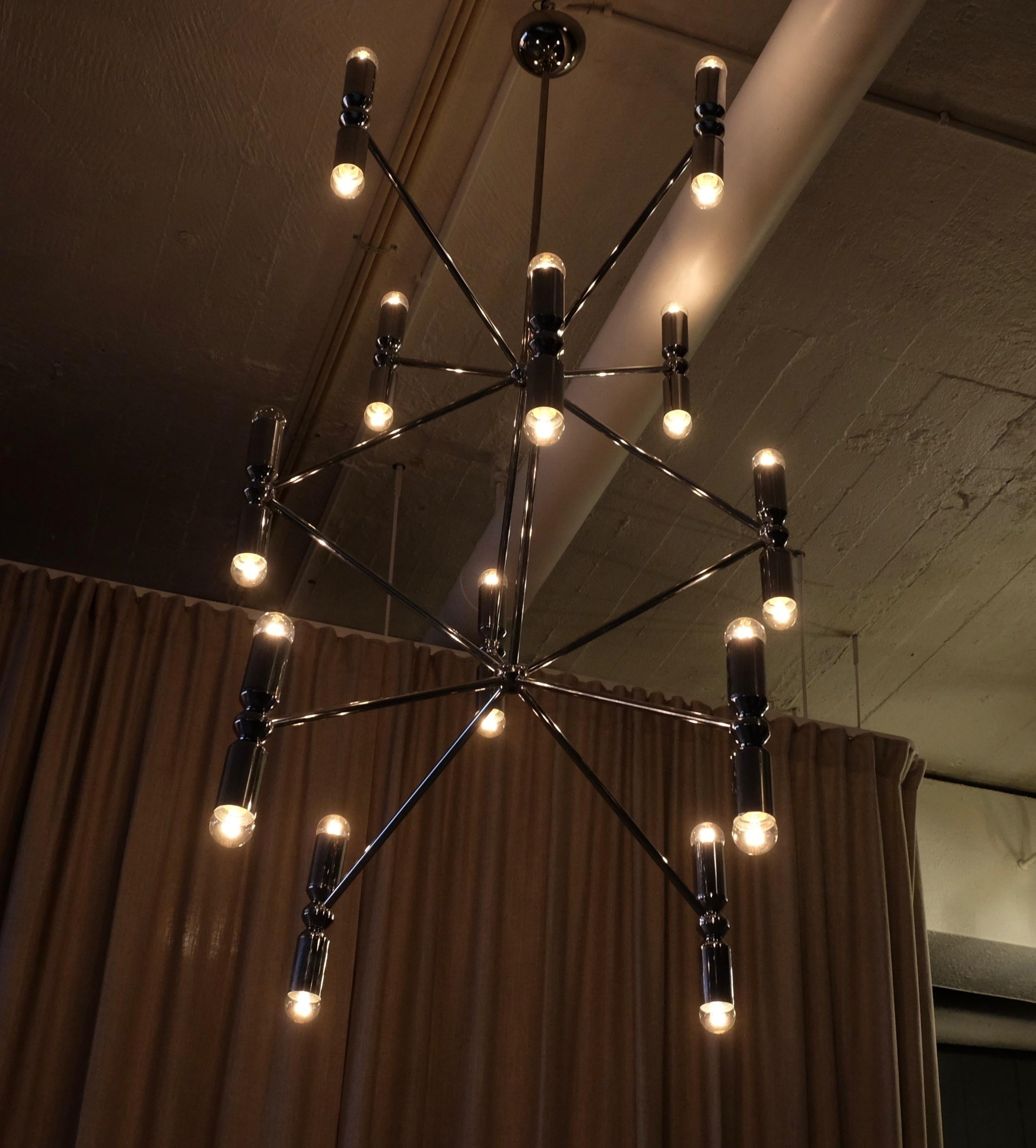 Rare 12-Arm Chandelier with 24 Lights in Chrome, 1970s For Sale 1