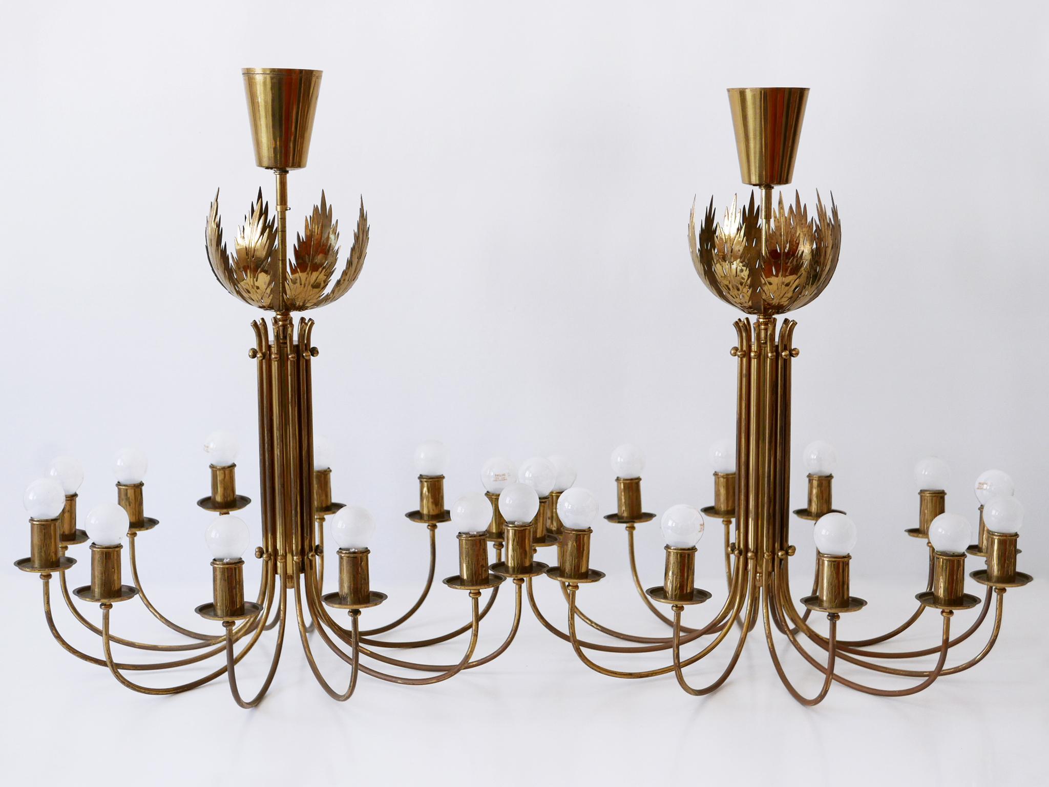 Rare 12-Armed Brass Chandeliers or Pendant Lamps by Vereinigte Werkstätten 1950s For Sale 4