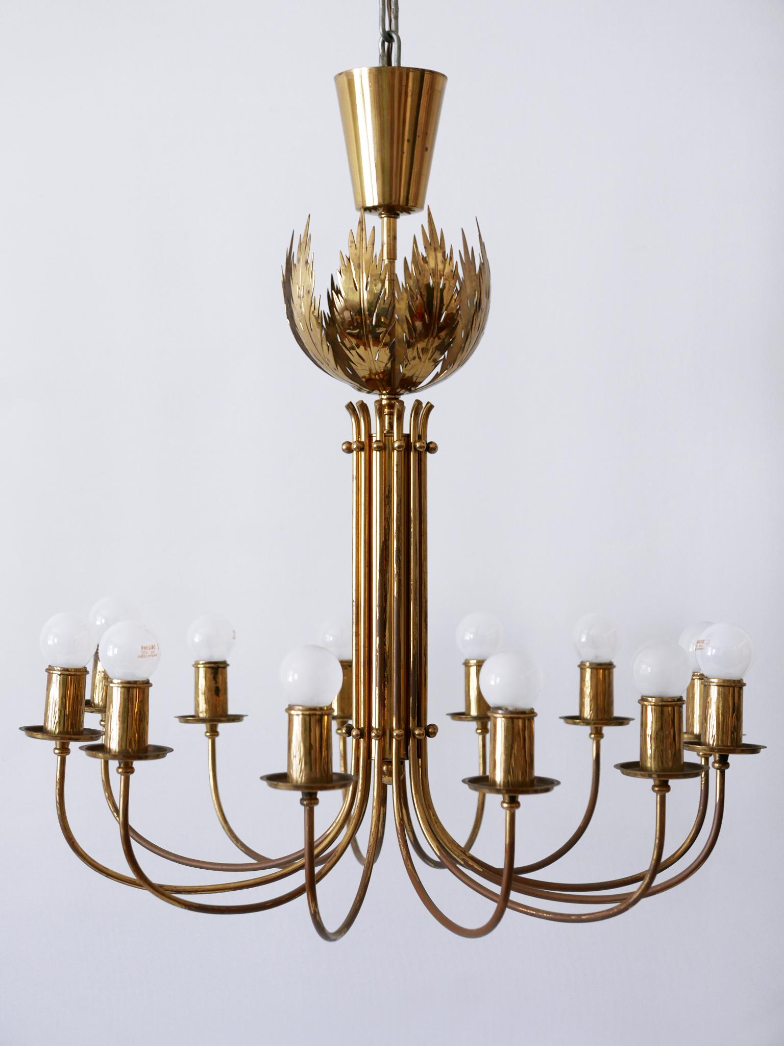Rare 12-Armed Brass Chandeliers or Pendant Lamps by Vereinigte Werkstätten 1950s For Sale 5