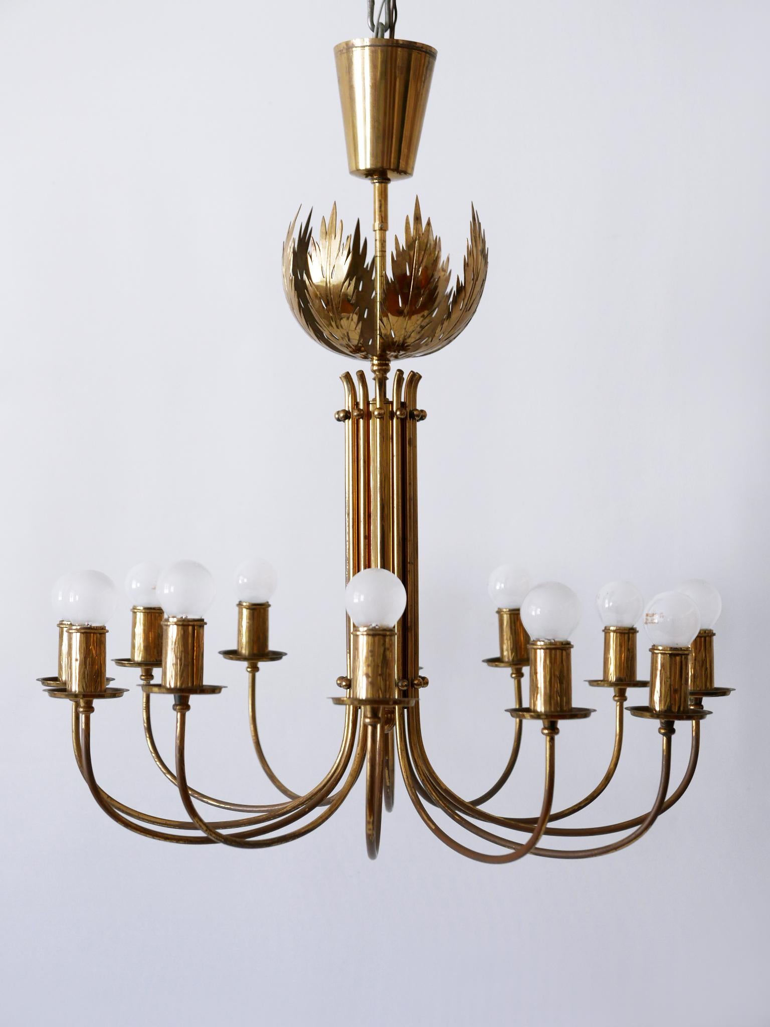 Rare 12-Armed Brass Chandeliers or Pendant Lamps by Vereinigte Werkstätten 1950s For Sale 7