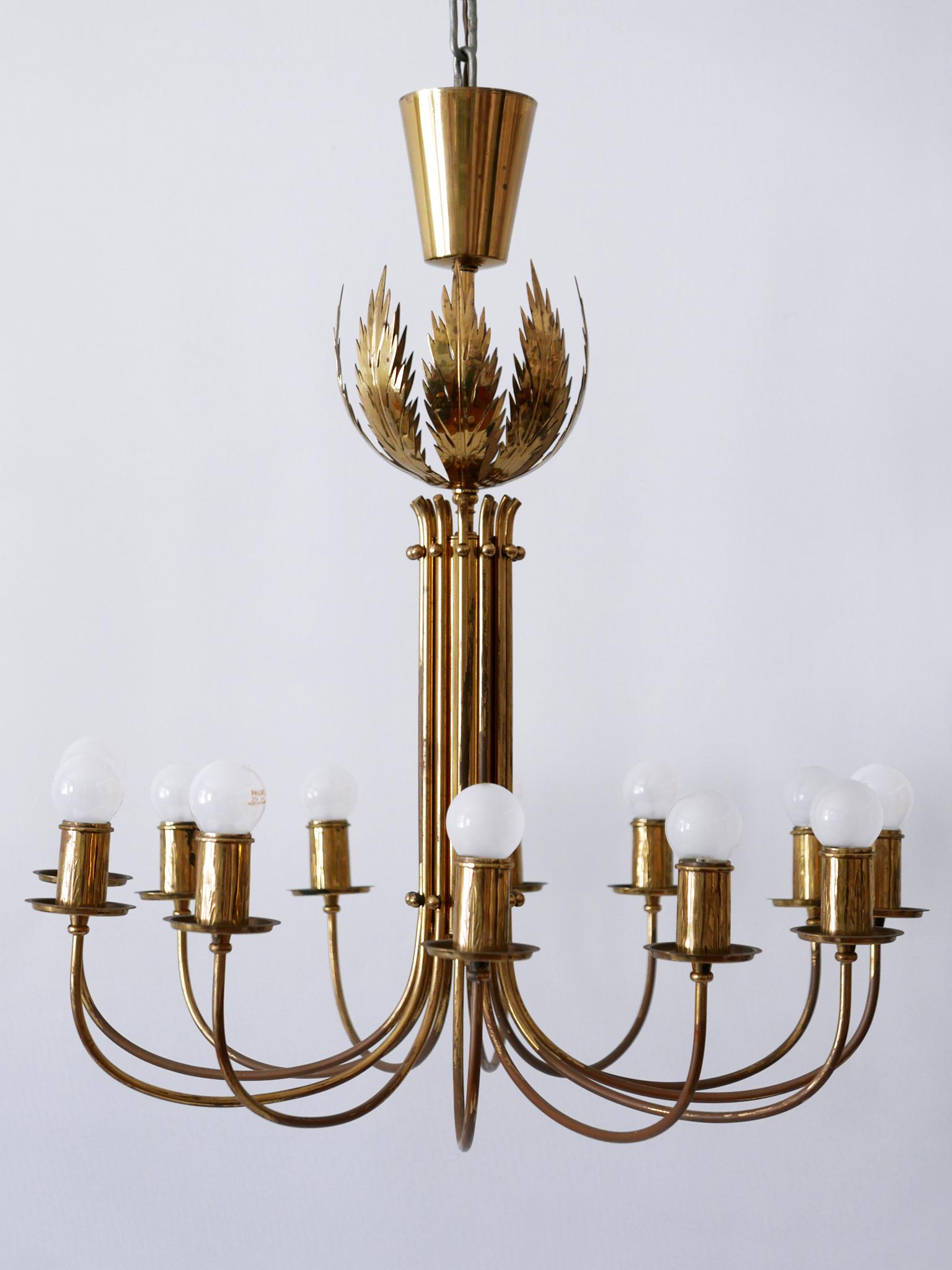 Rare 12-Armed Brass Chandeliers or Pendant Lamps by Vereinigte Werkstätten 1950s For Sale 9