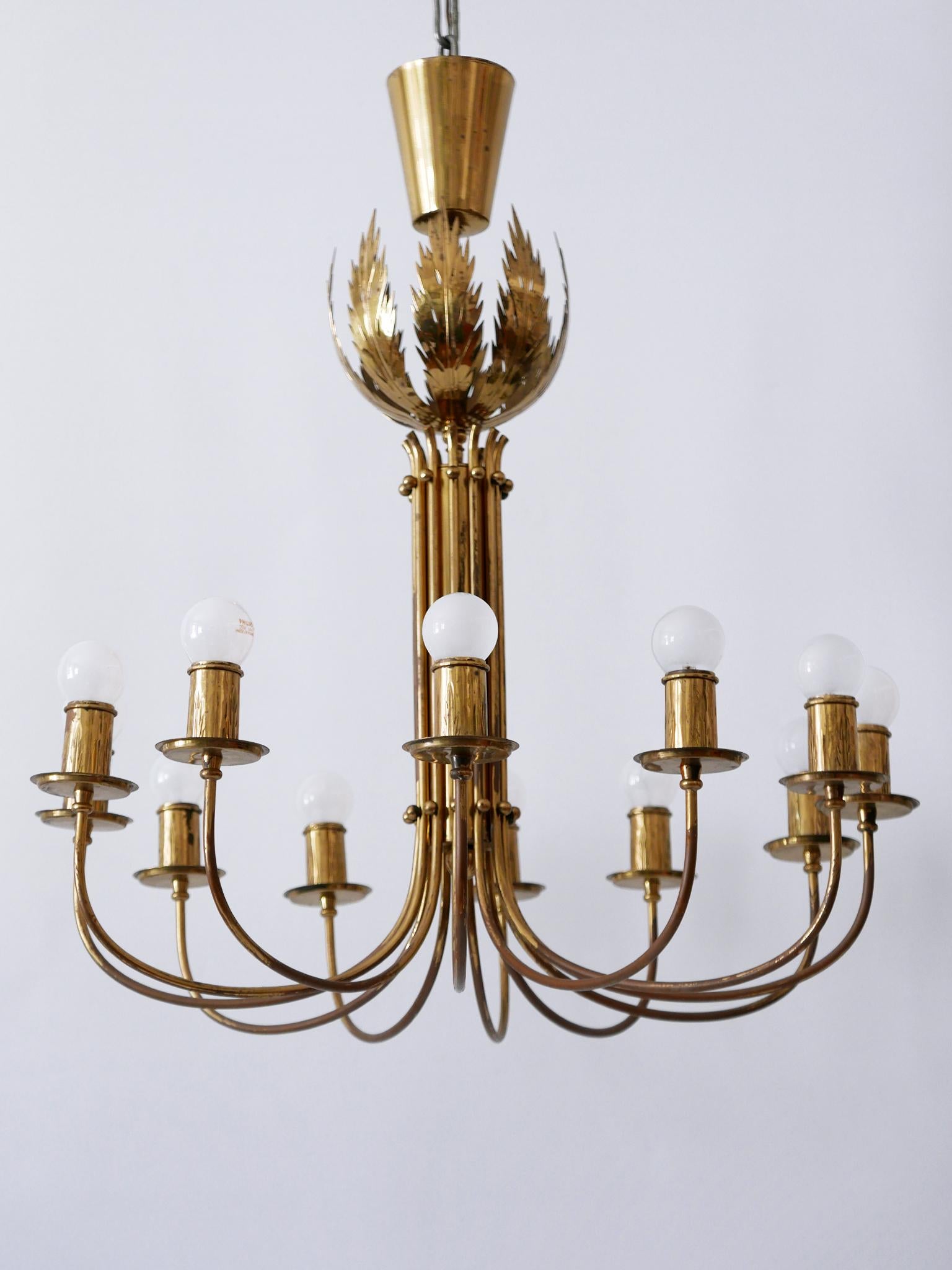 Mid-Century Modern Rare 12-Armed Brass Chandeliers or Pendant Lamps by Vereinigte Werkstätten 1950s For Sale