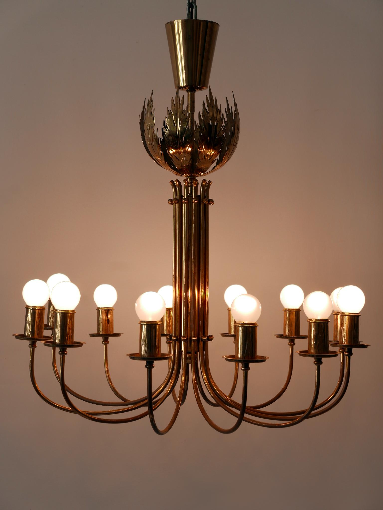 Mid-20th Century Rare 12-Armed Brass Chandeliers or Pendant Lamps by Vereinigte Werkstätten 1950s For Sale