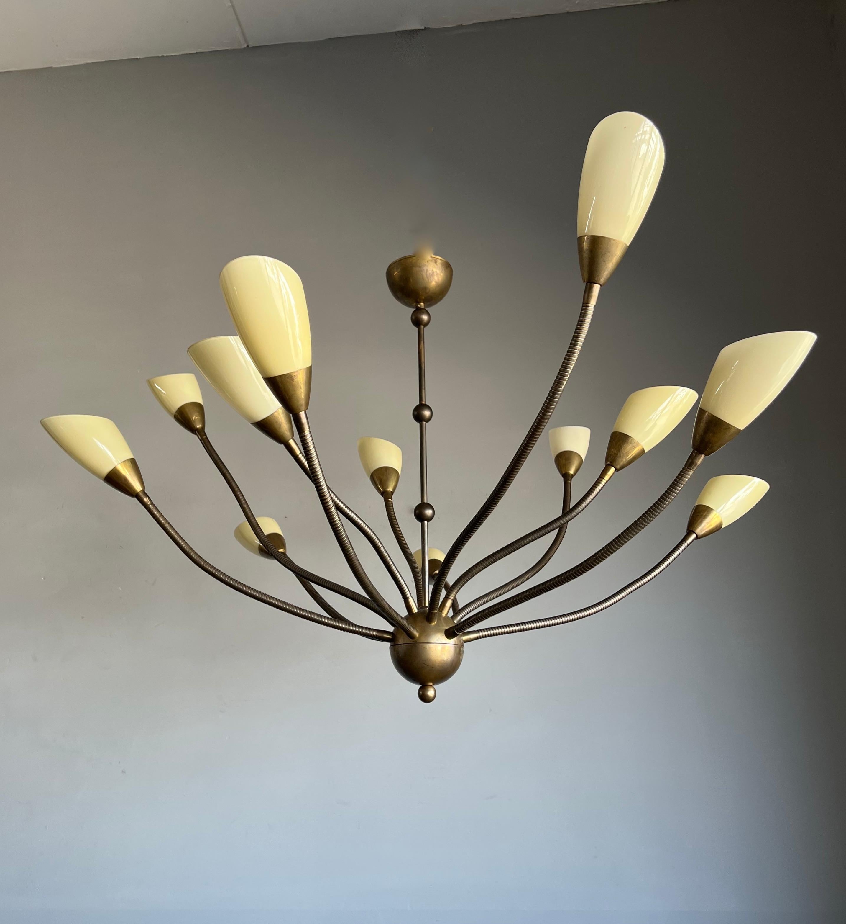 20th Century Rare 12 Flexibe Arms Octopus Design Brass and Opaline Glass Pendant Lights 1970s For Sale