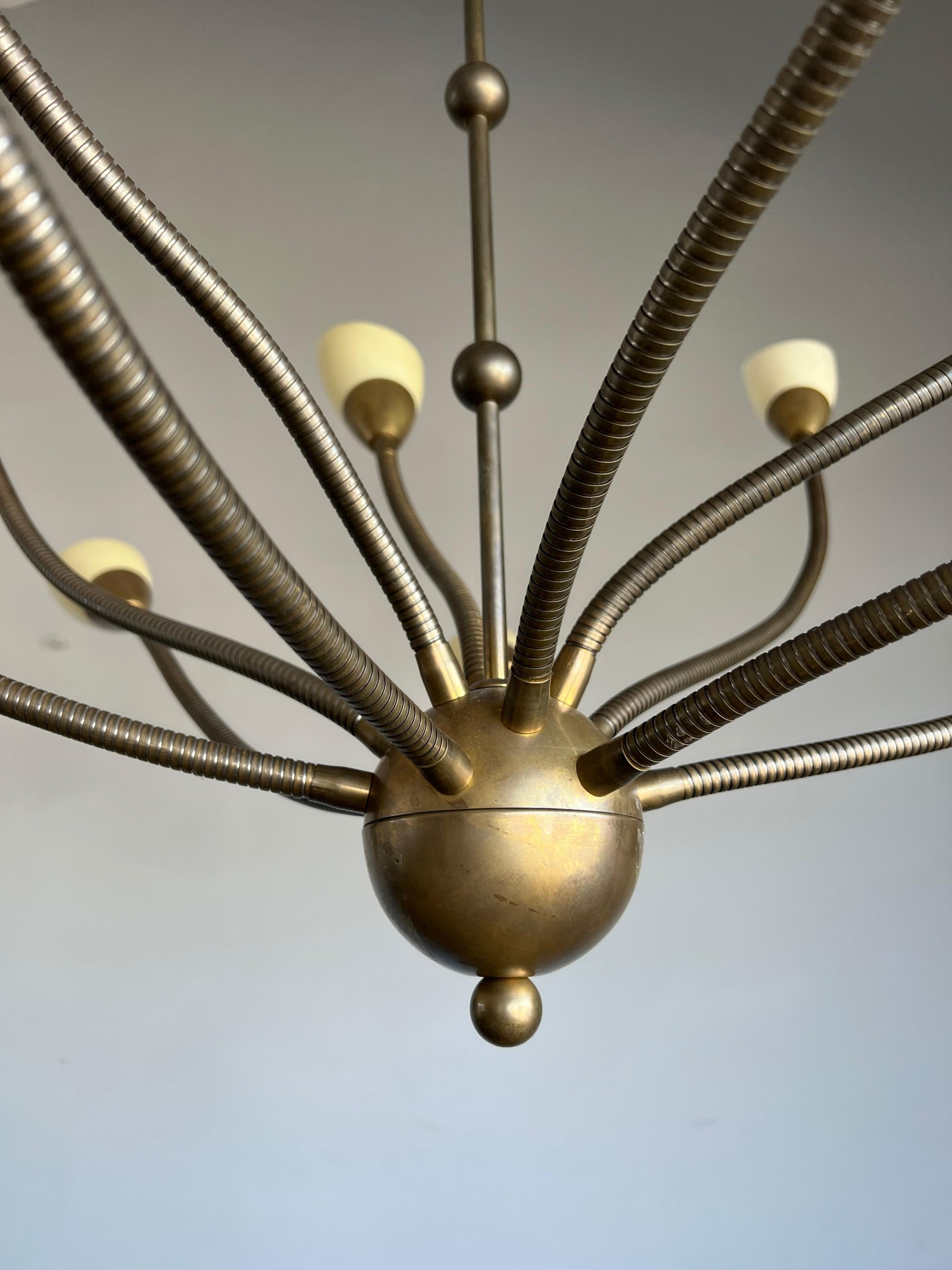 Rare 12 Flexibe Arms Octopus Design Brass and Opaline Glass Pendant Lights 1970s For Sale 2