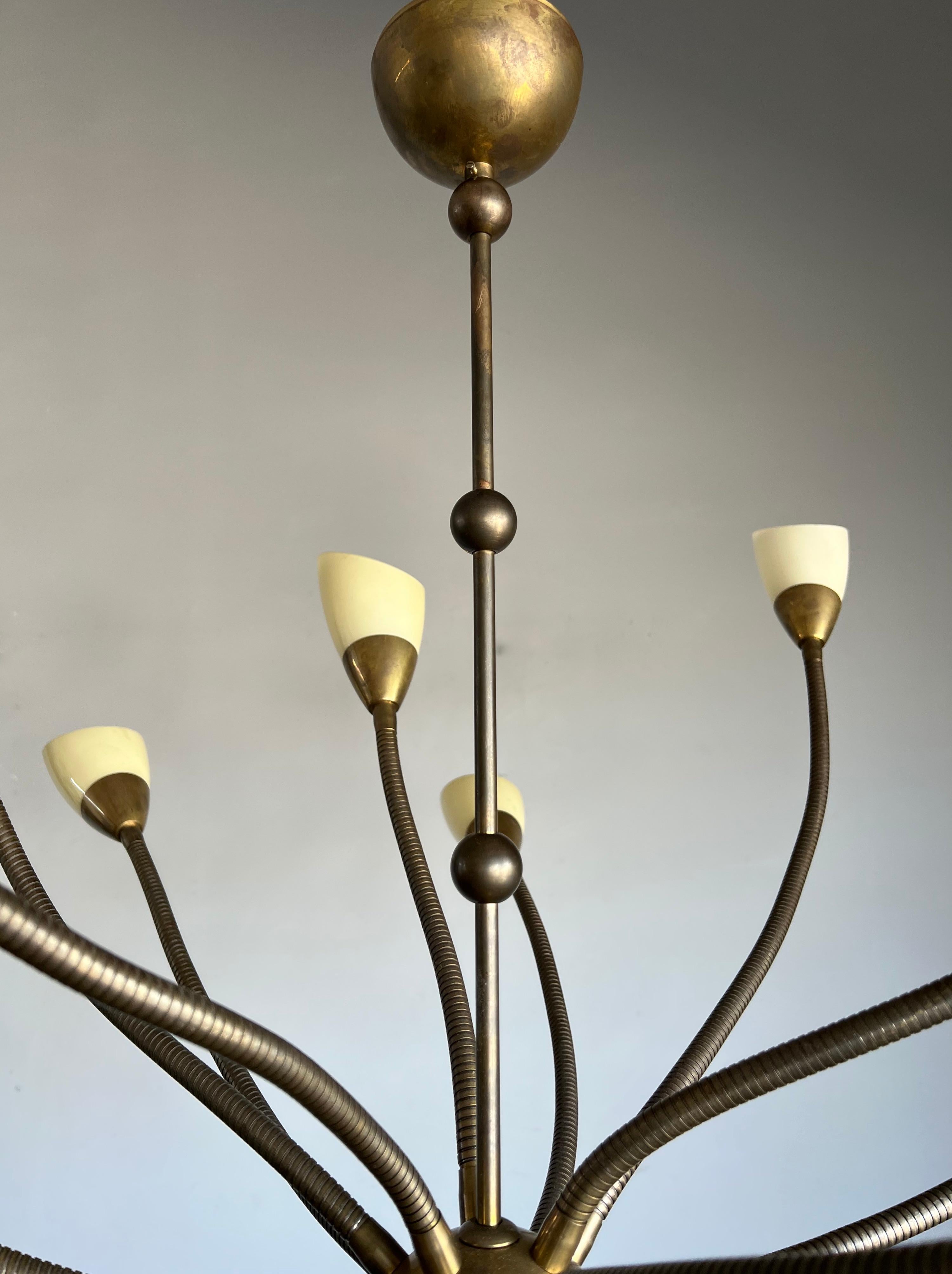 Rare 12 Flexibe Arms Octopus Design Brass and Opaline Glass Pendant Lights 1970s For Sale 3