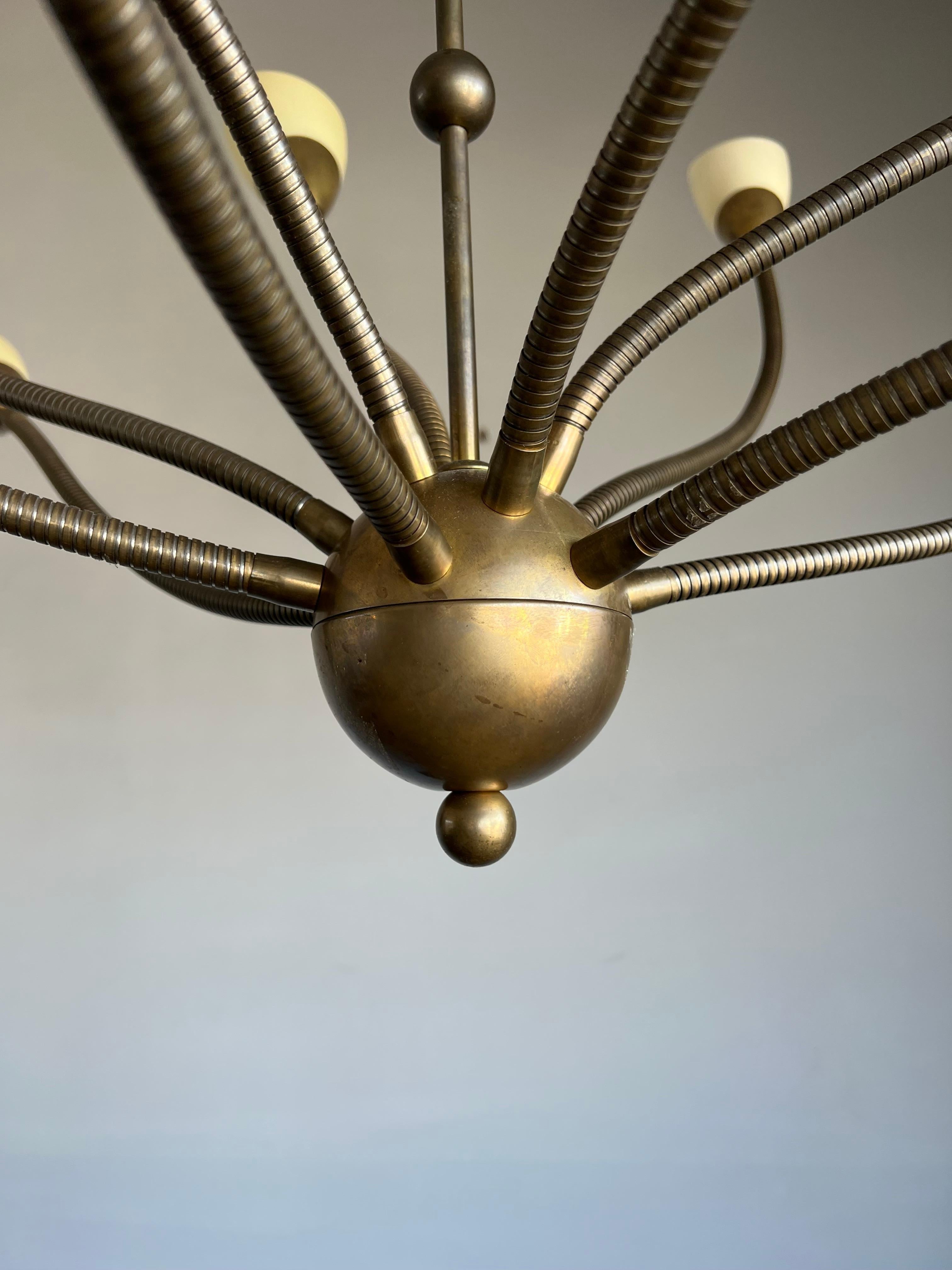 Rare 12 Flexibe Arms Octopus Design Brass and Opaline Glass Pendant Lights 1970s For Sale 4