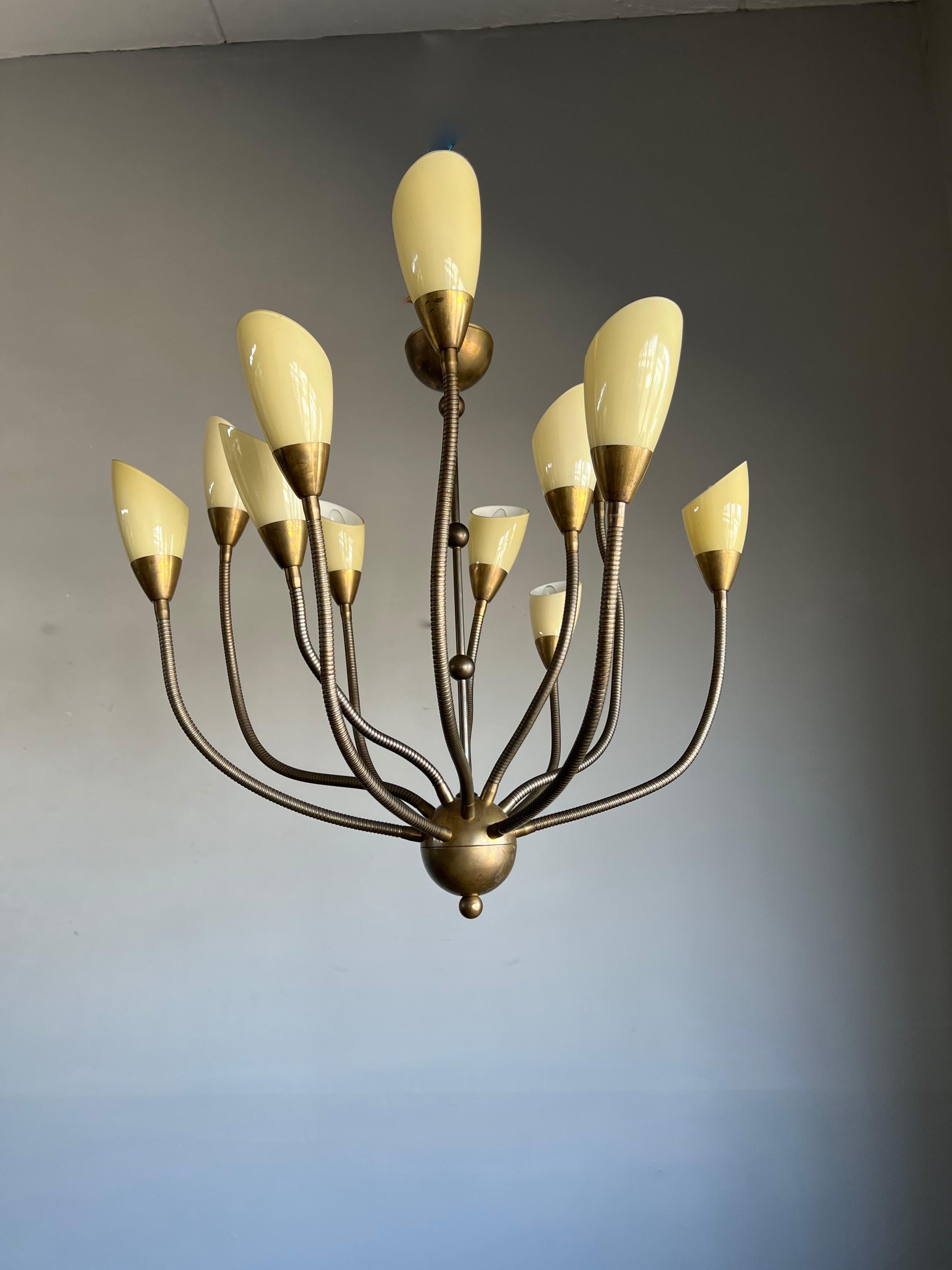 Rare 12 Flexibe Arms Octopus Design Brass and Opaline Glass Pendant Lights 1970s For Sale 7