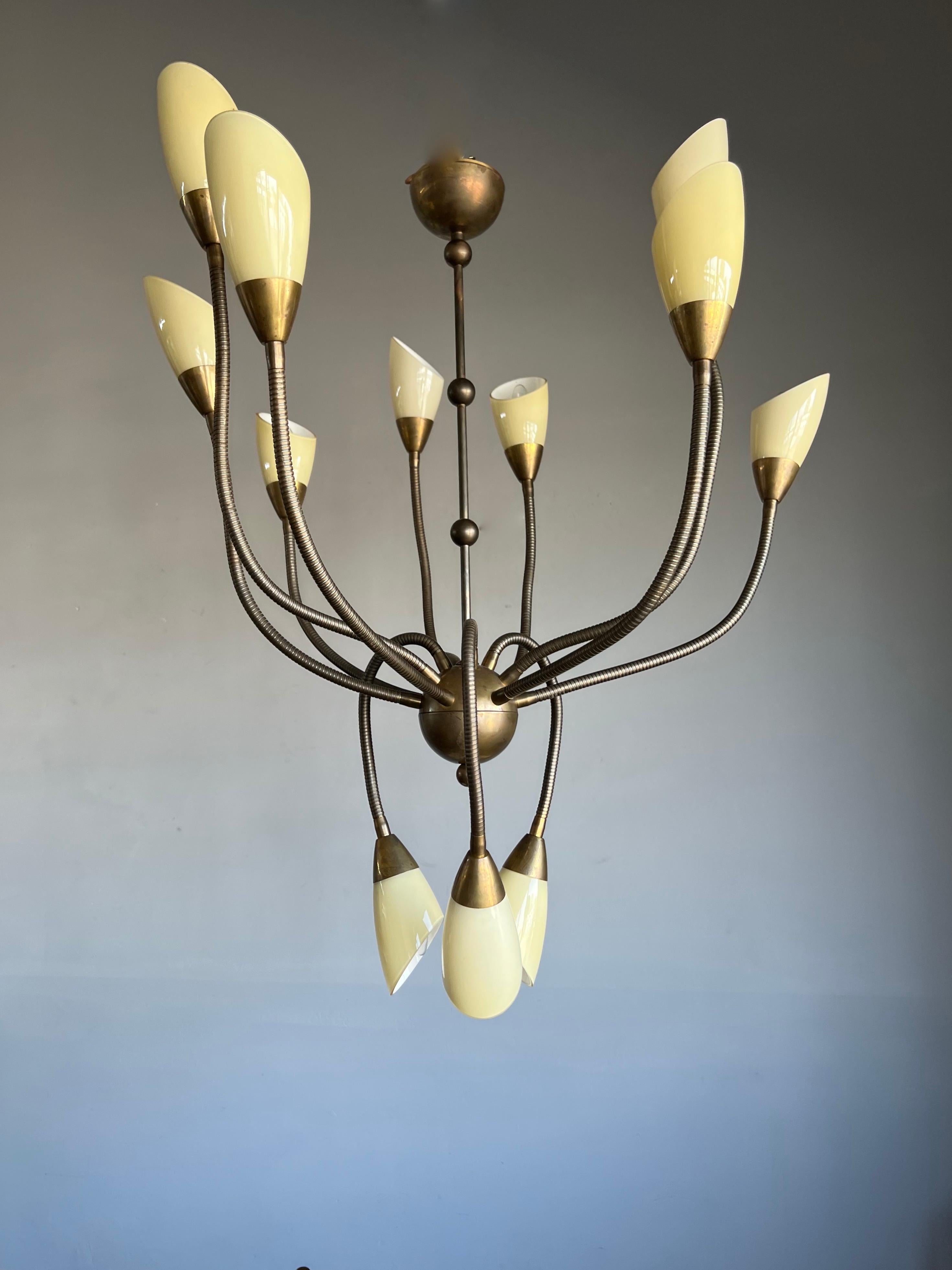 Rare 12 Flexibe Arms Octopus Design Brass and Opaline Glass Pendant Lights 1970s For Sale 8