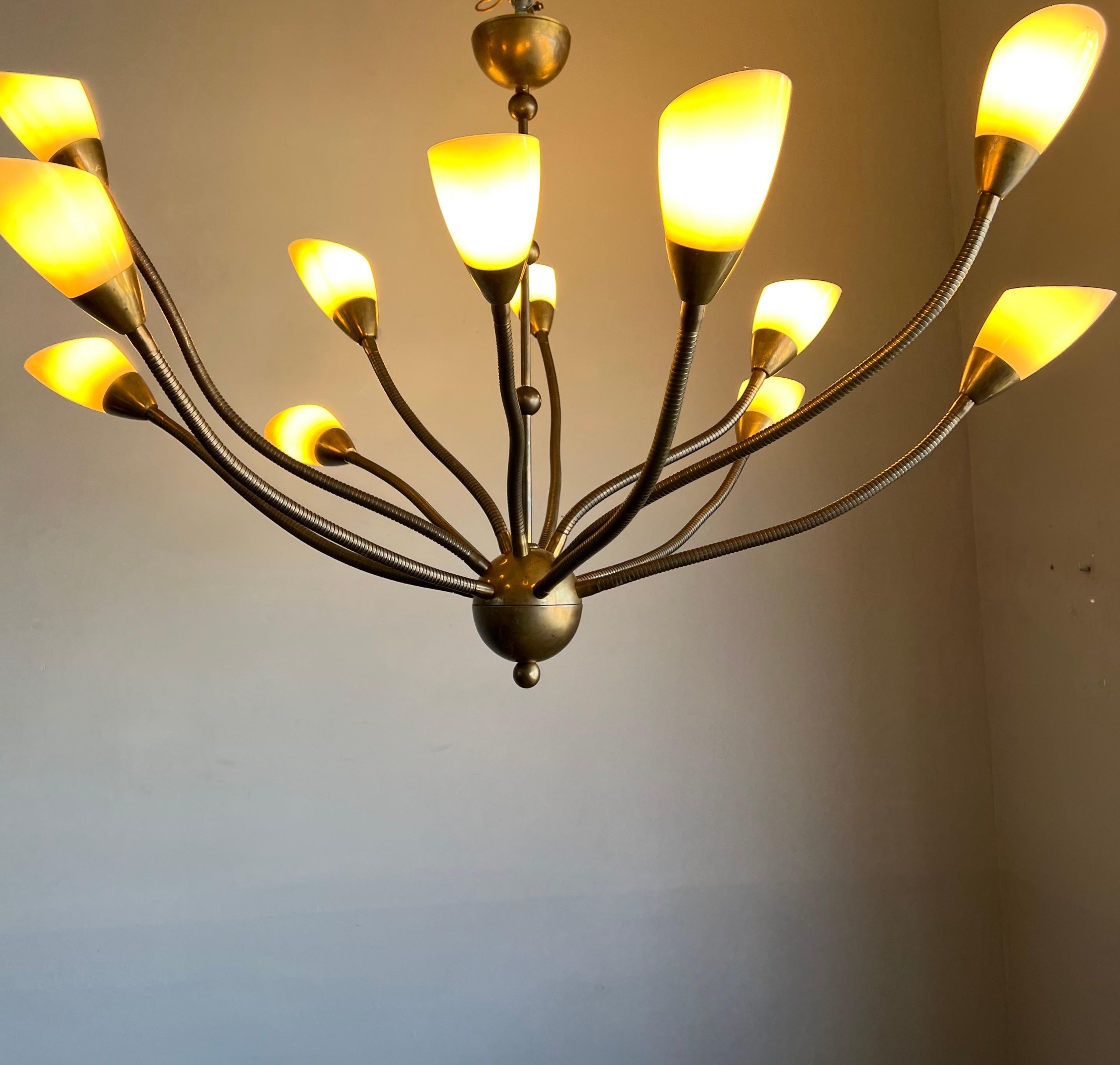 Rare 12 Flexibe Arms Octopus Design Brass and Opaline Glass Pendant Lights 1970s For Sale 9