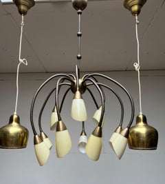 Raros 12 Brazos Flexibles Diseño Pulpo Latón y Vidrio Opalino Lámparas Colgantes Años 70