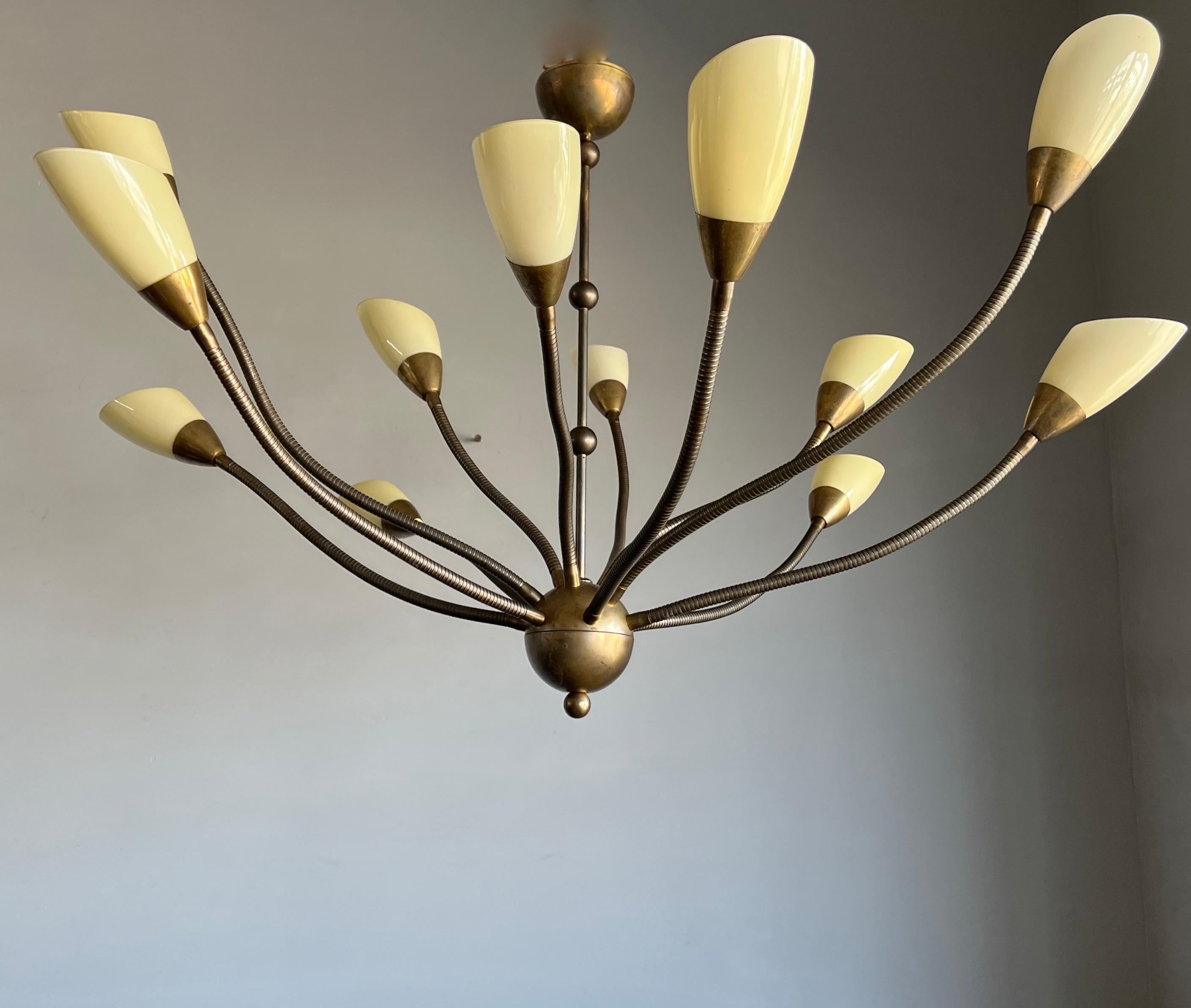 Rare 12 Flexibe Arms Octopus Design Brass and Opaline Glass Pendant Lights 1970s For Sale 10
